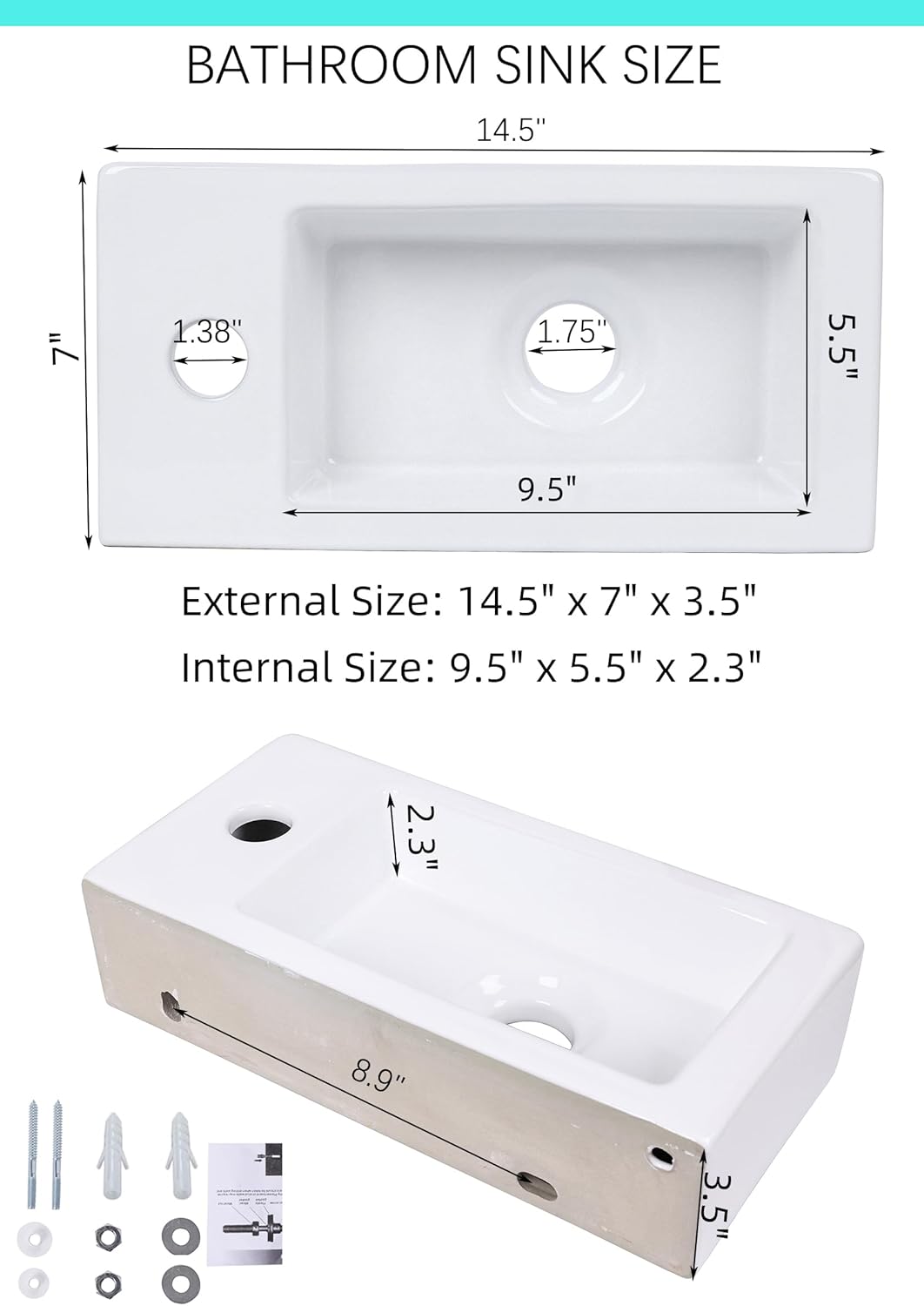 Small Wall Mount Vessel Sink, QISHKA 14.4" x 7" Ceramic Rectangle Wall Hung Bathroom Sink White Mini Wash Basin, Save Space for Narrow Bathroom (Right Hand)