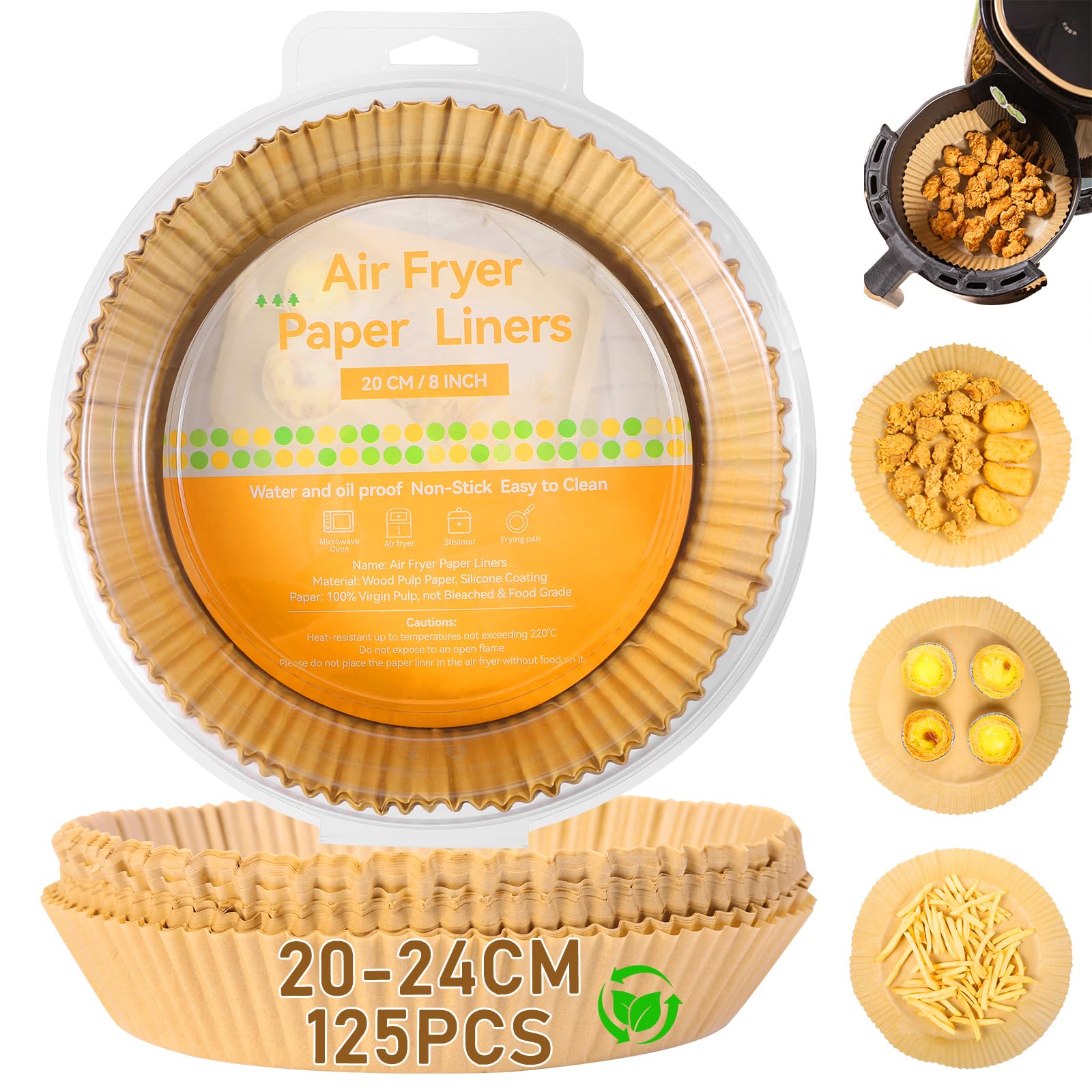 RTUIY 125PCS Round Air Fryer Liners Disposable, Airfryer Liners 7.87IN, Air Fryer Paper Liners 3,2-5,5l, Parchment Paper for Air Fryer, for Ninja Af300uk Af400uk, Cosori, Tower, Kitchen Accessories