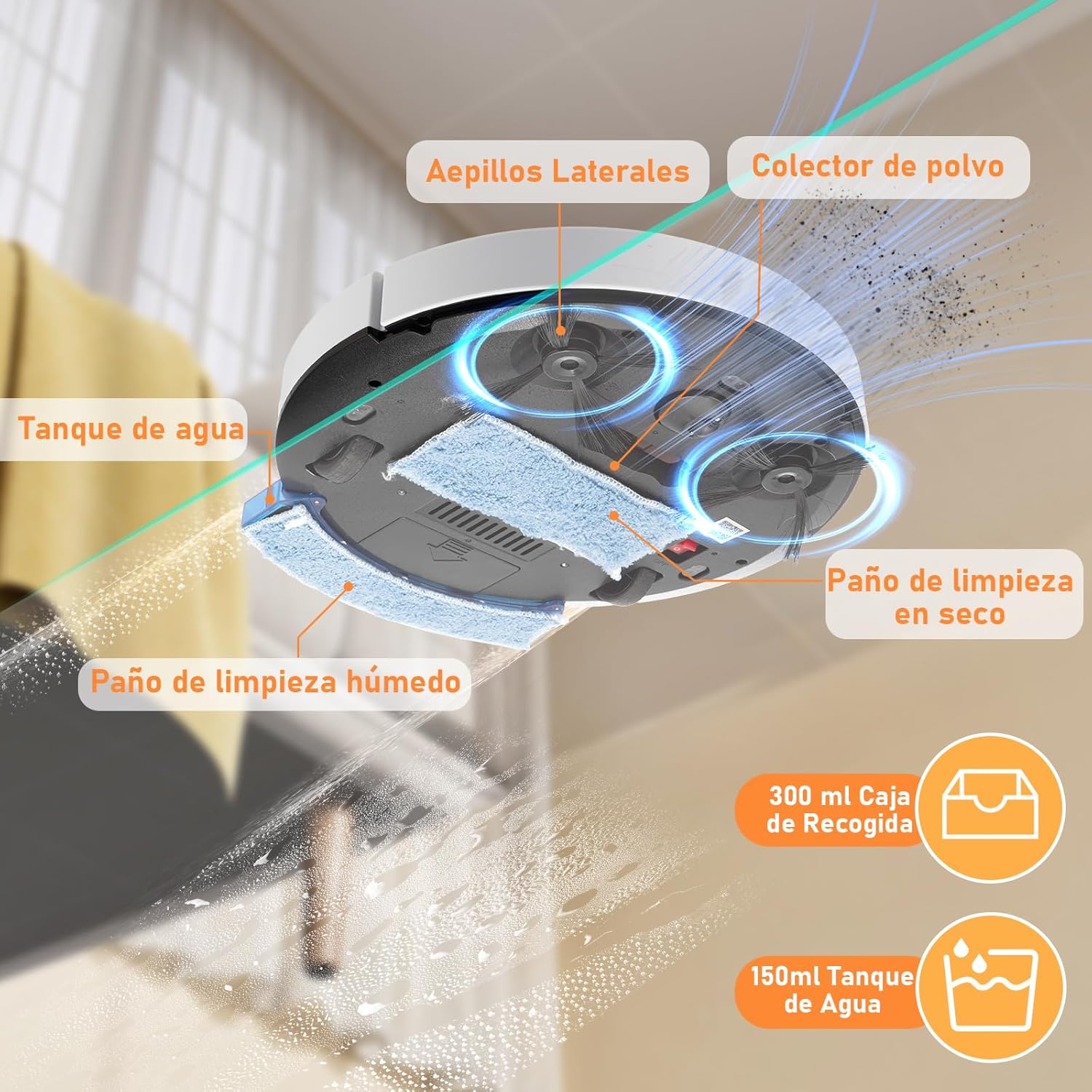 Underside view of CAILESER Robot Vacuum showing side brushes, dust collector, and water tank