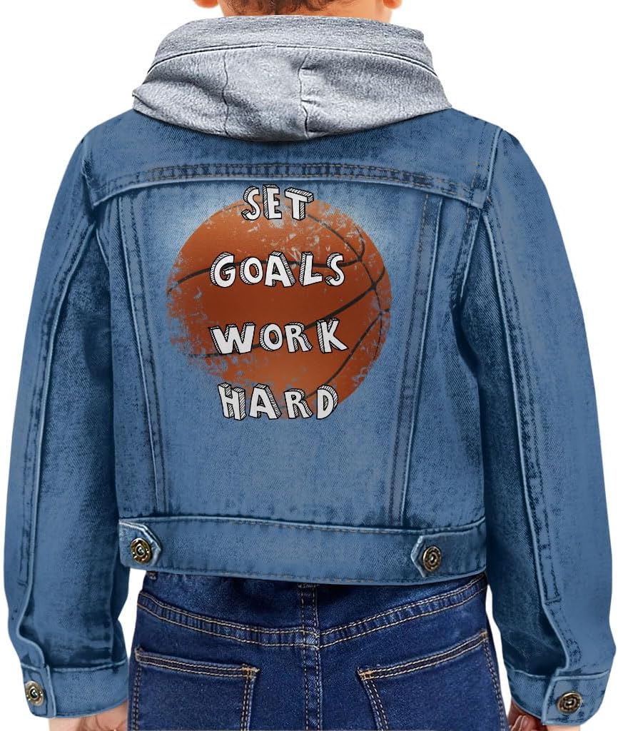 Set Goals Work Hard Toddler Hooded Denim Jacket - Basketball Lovers Gifts - Boys Clothing