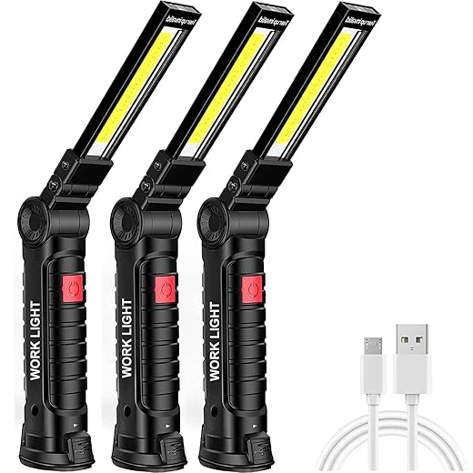 Tool Gifts for Men,3Pack Rechargeable LED Work Lights with Magnetic Base & Hanging Hook,360° Rotation Rechargeable flashlights,5 Lighting Modes Mechanic Light for Car Repairing/Emergency/BBQ Grill