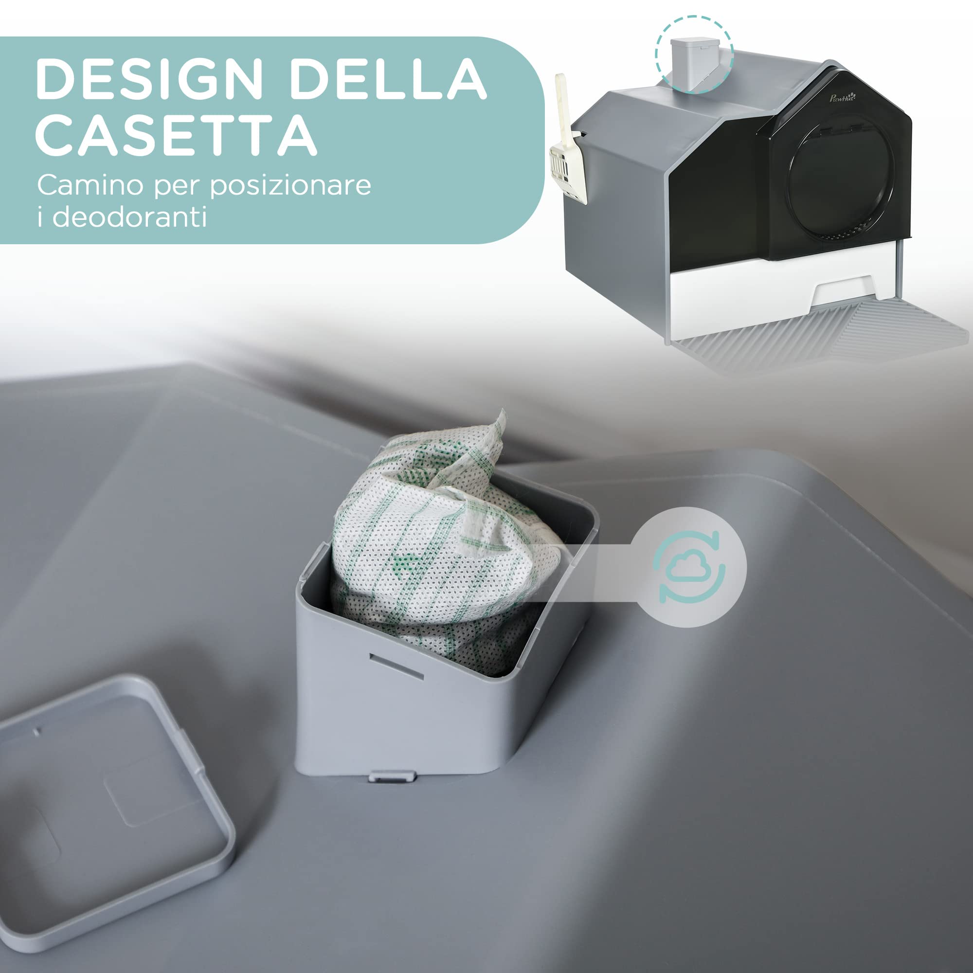 PawHut Lettiera per Gatti Chiusa con Coperchio e Vassoio Estraibile, Toilette per Gatti con Tappetino e Paletta Inclusi, 47x45x42cm, Grigio