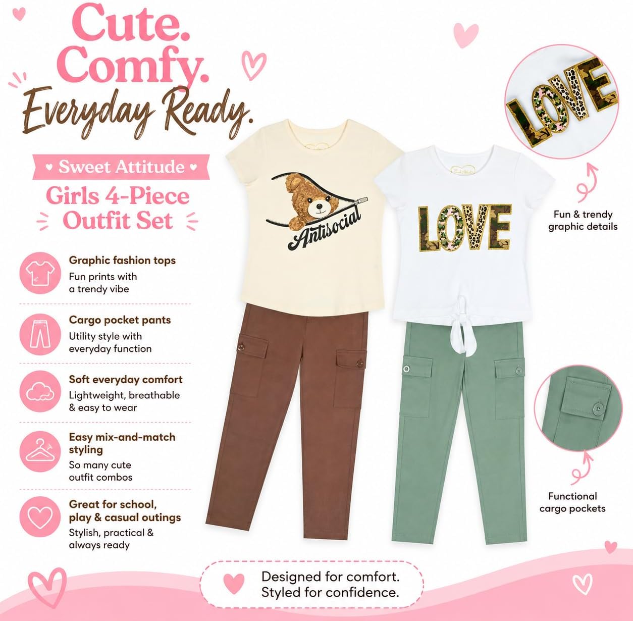 Girls 4 Pack Jogger Pants Set, Glitter and Foil Graphic Sweatpants, Soft Fleece Lounge Pants image 5