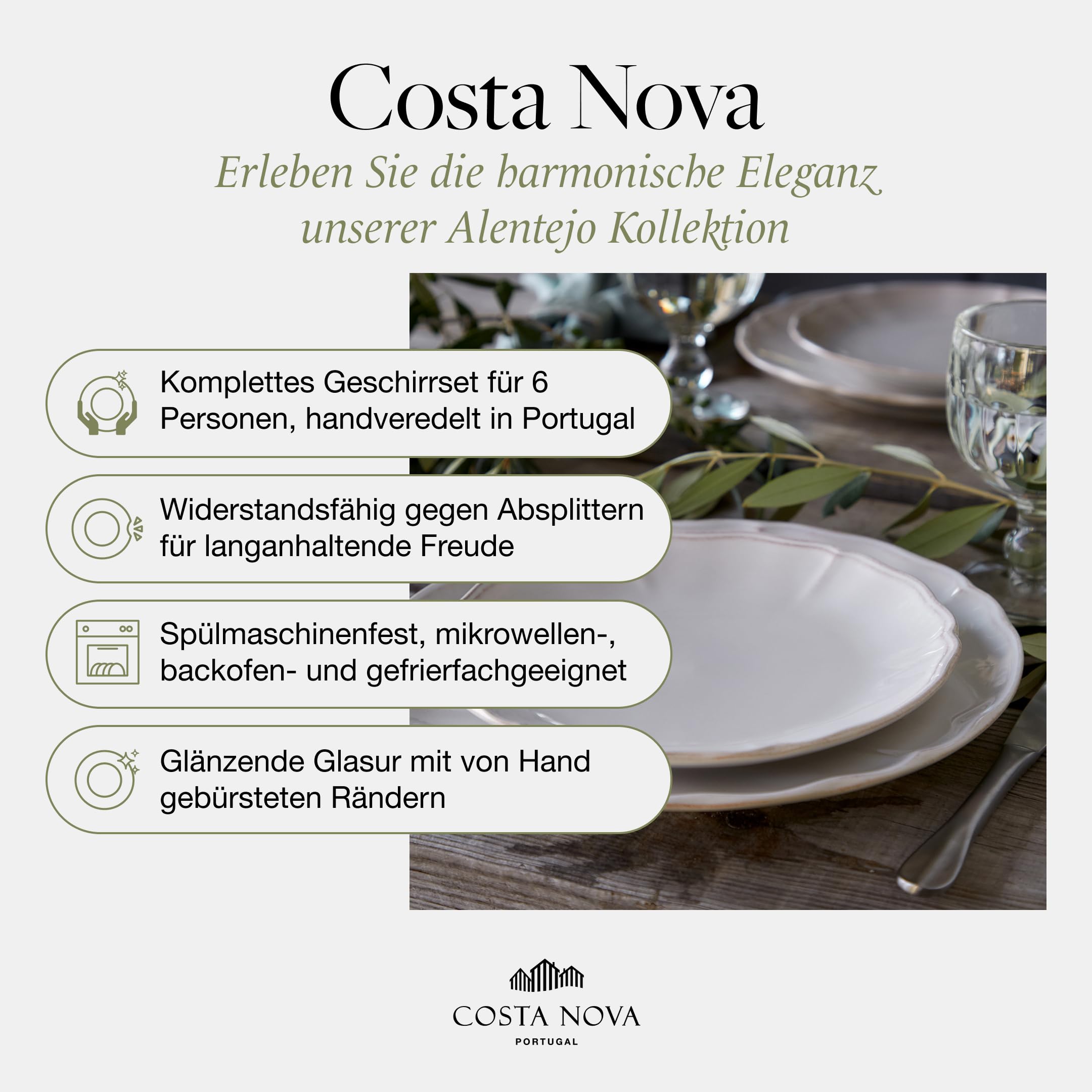 Costa Nova Geschirrset Alentejo: 30-teiliges Steinzeug-Set, Spülmaschinen-, Mikrowellen-, Ofen- & Gefrierfest, Komplettes Service für 6 Personen mit flachen & tiefen Tellern, Schalen & Tassen, Weiß