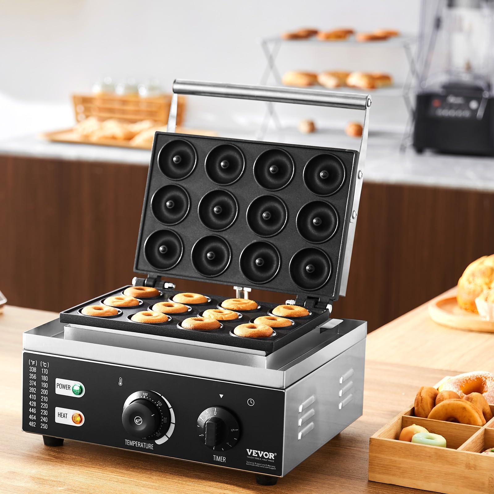 VEVOR Machine à beignets électrique, 1550 W, appareil à donuts commercial avec surface antiadhésive, machine à gaufres chauffante double-face à 12 trous, 50-300 ℃, pour restaurant et usage domestique