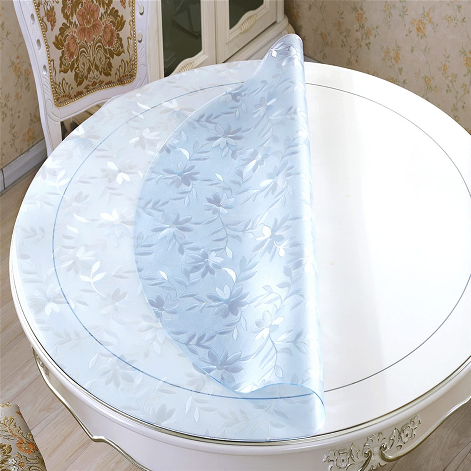 QBYRSSS Transparent Table Cover Protector Transparent Plastic Tablecloth 1. 0mm Round PVC Tablecloth Waterproof Oilproof able Cover Glass Soft Cloth Table Wipeable Protector(Cosmos flower,140cm)