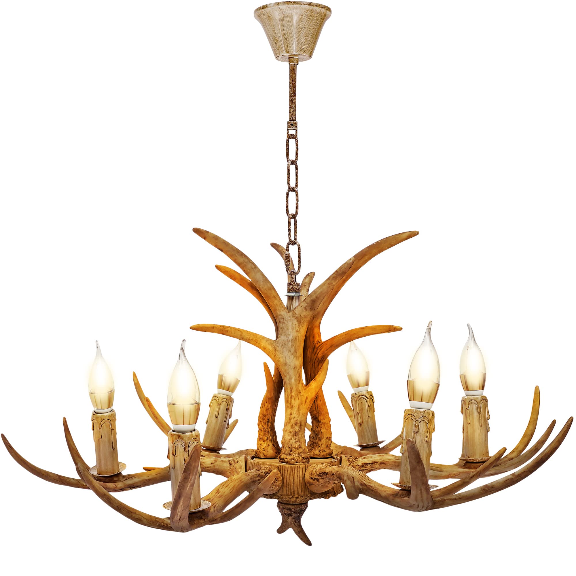 Romyix Brown Antler Chandelier, Faux Antler Ceiling Light Vintage Style Chandelier, With 6 Spiral Lamp Holder Of E14, Rustic Hanging Lights For Dining Room, Living Room,Bar,Cafe (Style 2)