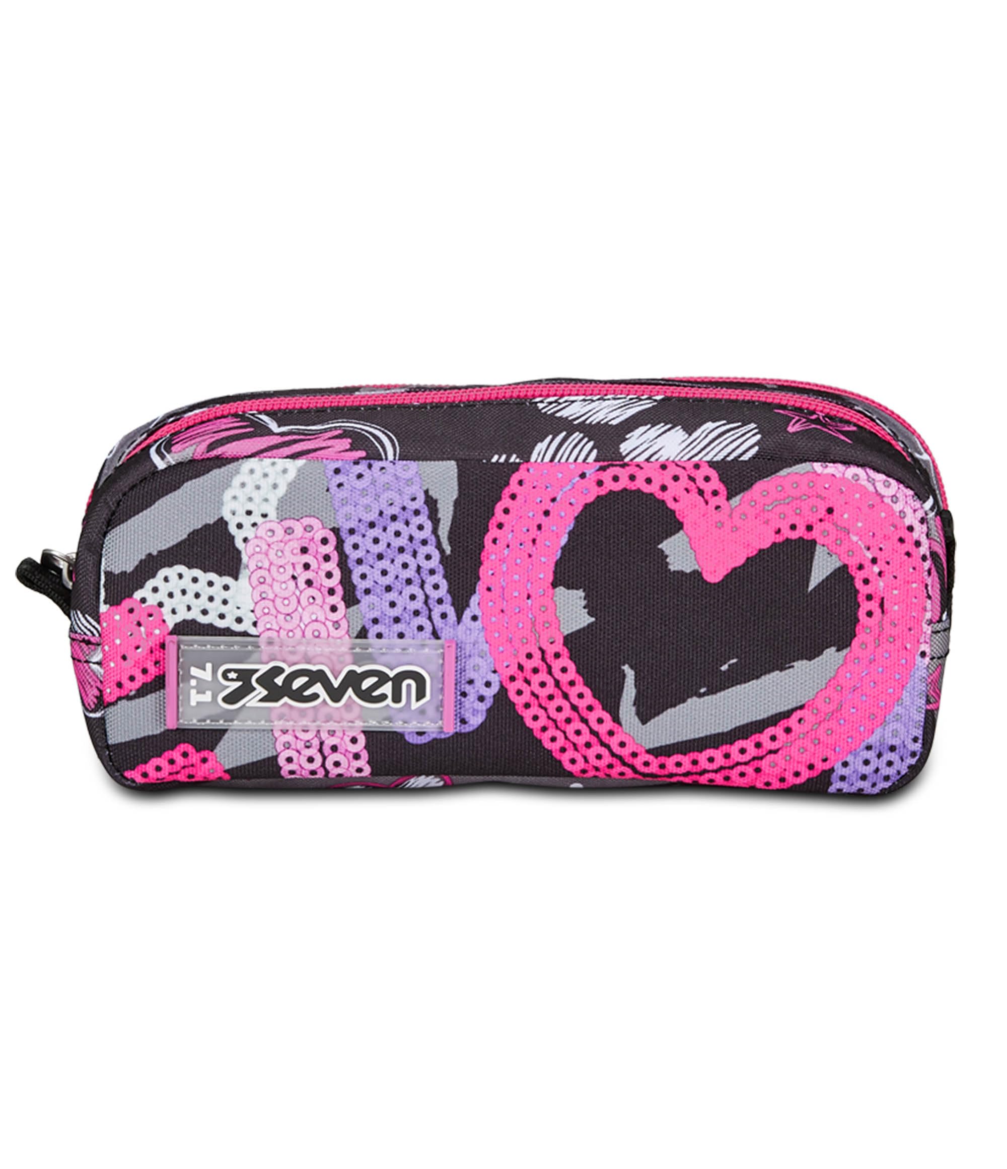 Seven Portapenne Scuola 2 Zip, Nero Fucsia, Draft Heart, Bustina Doppio Scomparto Con Organizer, Tasche ed Elastici Porta Penne, Accessori Zaino, Medie, Superiori, Bambina Ragazza