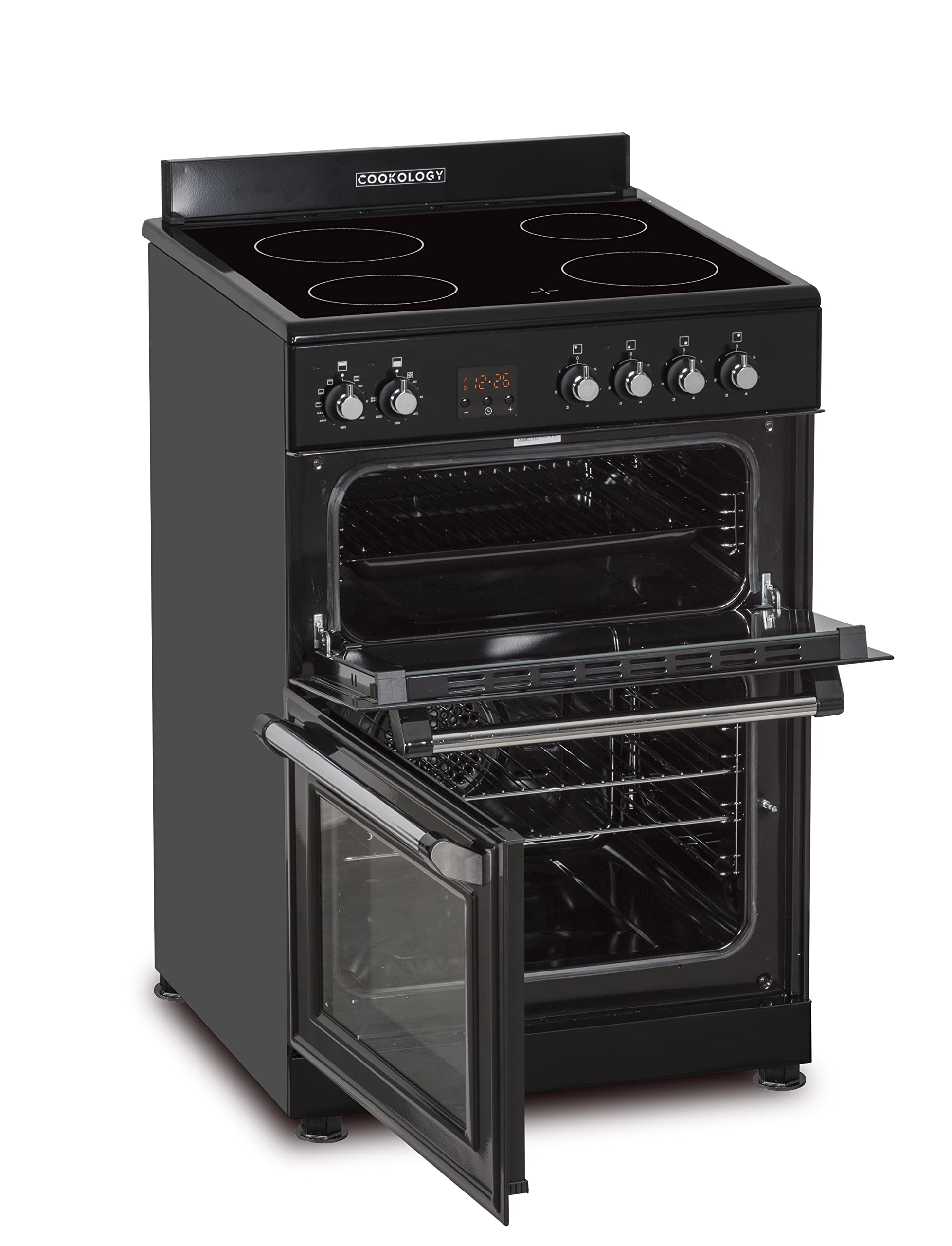 Cookology RETDO600BK Freestanding 60cm Wide, Retro Double Cavity Grill Oven Cooker with Ceramic 4 Zone Hob and Analogue Dials - in Black — view 5
