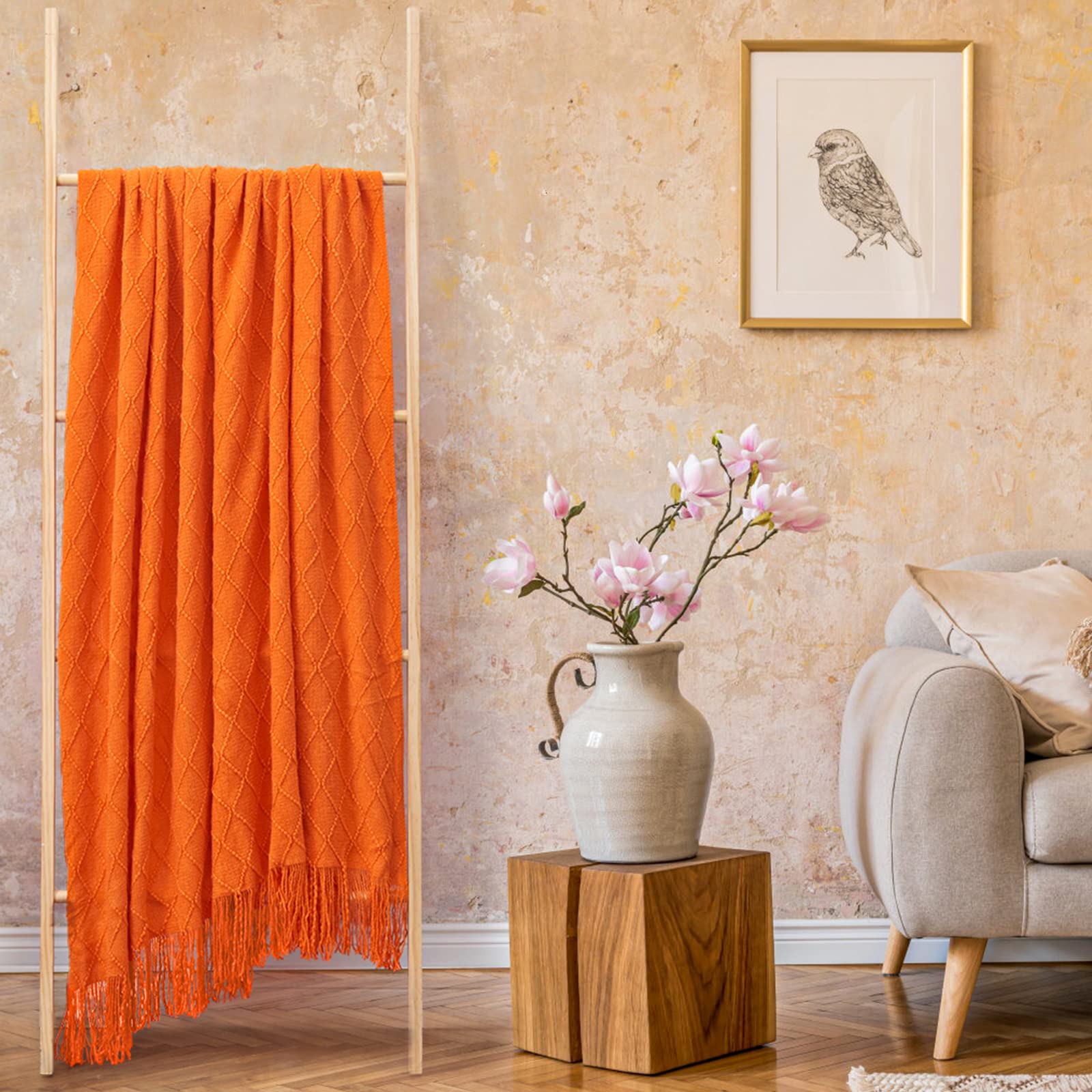 inhand Plaid tricoté doux, léger, chaud, respirant, pour canapé, salon, décoration d’intérieur, style rustique, convient en extérieur, 152,4 x 203,2 cm (lit 1 place), orange brûlé