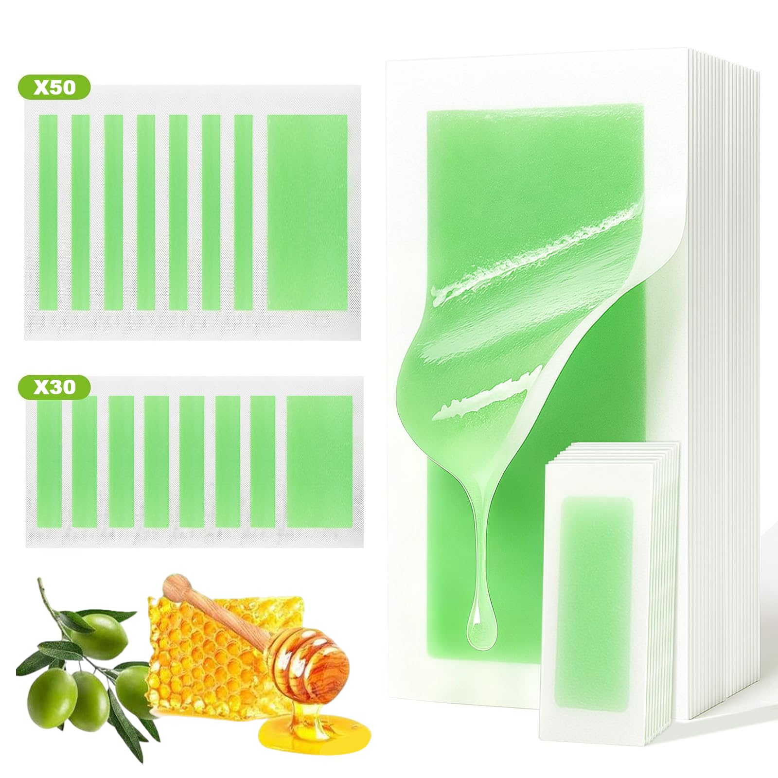 72 Piezas Bandas Depilatorias, Bandas para Depilación Con Cera, Cera Fría, Formulación Suave, Tiras Depilatorias Cera, para Piernas, Brazos y Zona Bikini, Verde