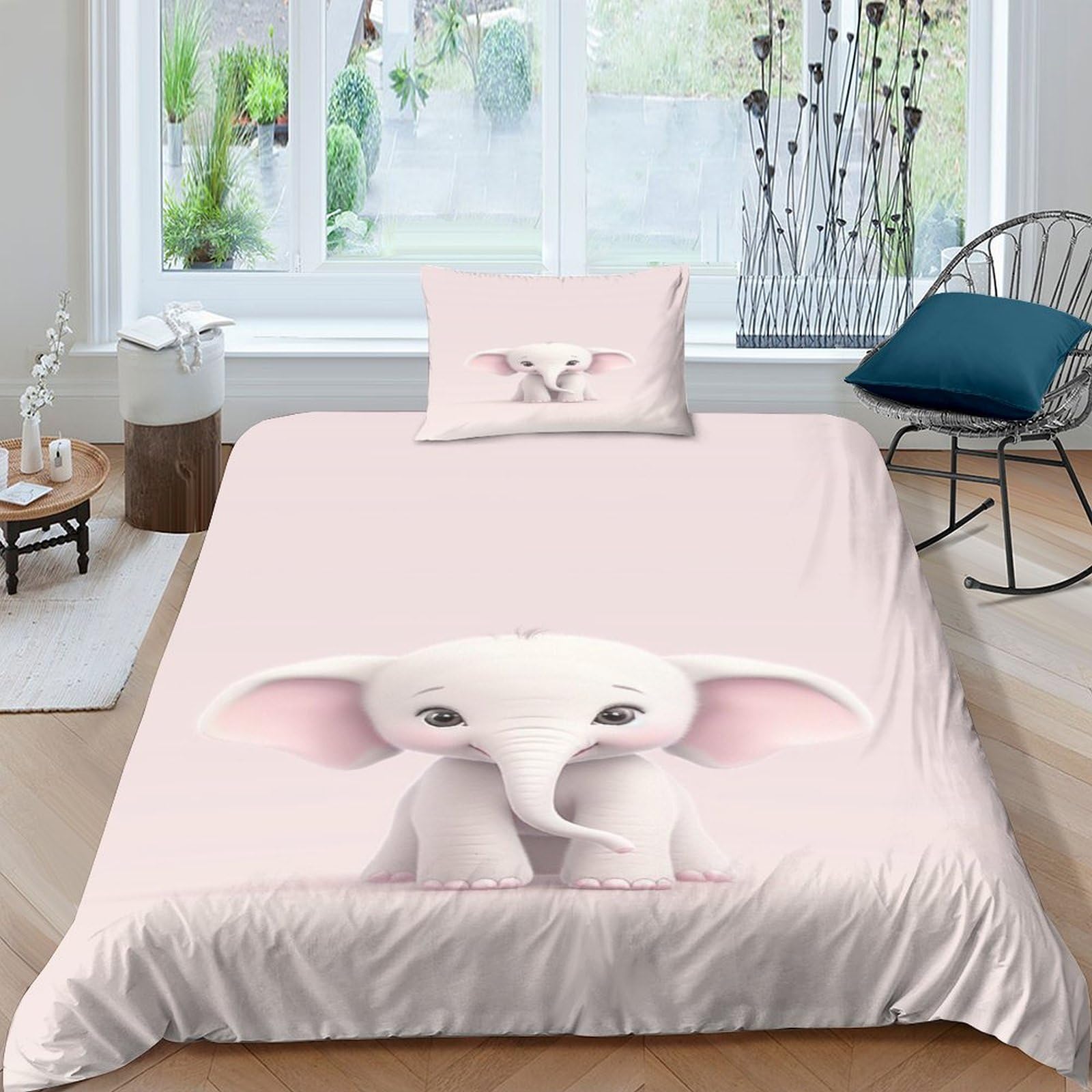 Housse de couette anti-pli 135x200 cm éléphant rose à fermeture éclair invisible