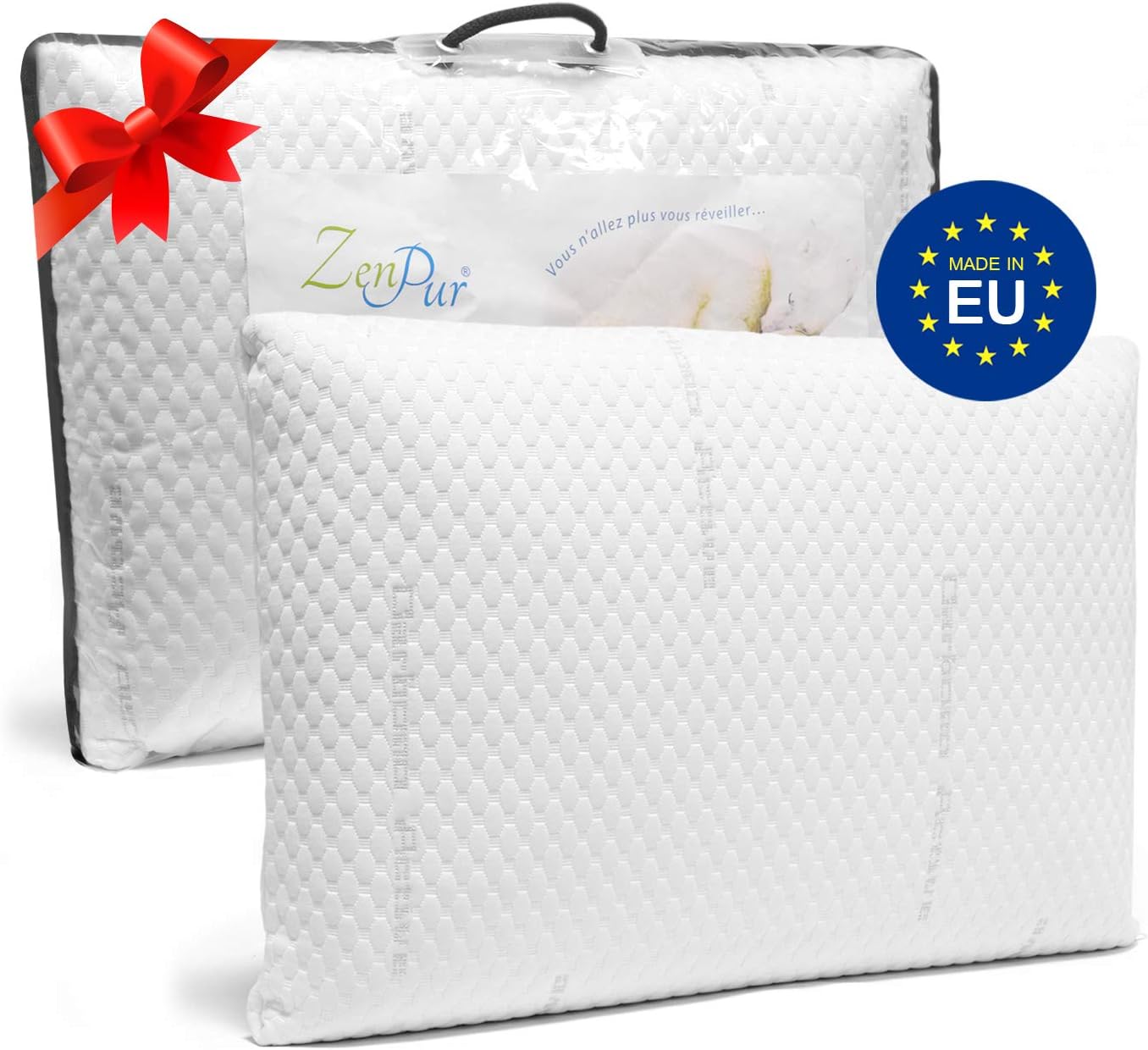 ZenPur Memory Foam Pillow 60 x 40 cm Activated Carbon - 100% Viscoelastic - with Organic Bamboo Cover - Orthopedic Pillow - Oeko-Tex Standard 100 - Hypoallergenic Pillow - Cushion Firm Neck Pillow