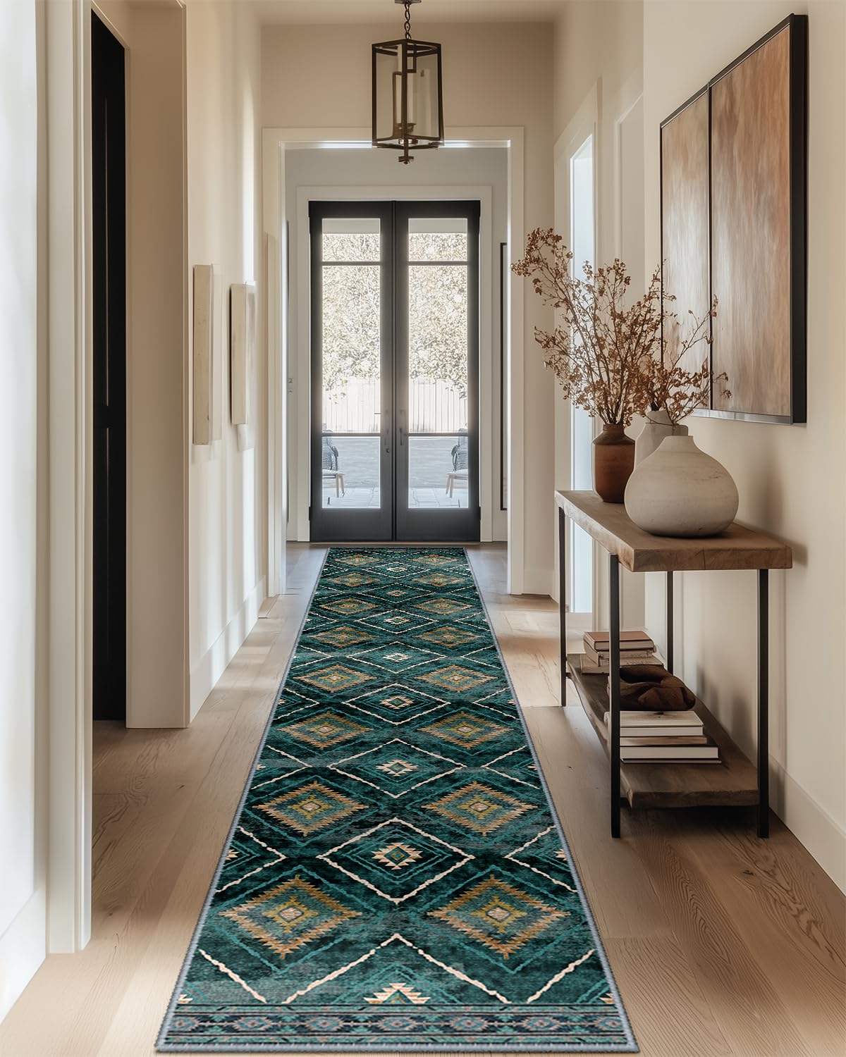 DEFYNEE Alfombra de pasillo, cocina, antideslizante, lavable, 60 x 180 cm, color verde oscuro, alfombra de cocina, pasillo, moderna, para entrada, pasillo, cocina, dormitorio, salón