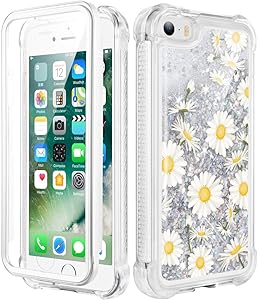 Caka iPhone 5 Case, iPhone 5S Case, iPhone SE (2016) Glitter Full Body Case with Built in Screen Protector Bling Sparkle Floating Liquid Girls Girly Women Protective Case for iPhone 5 5S SE (Daisy)