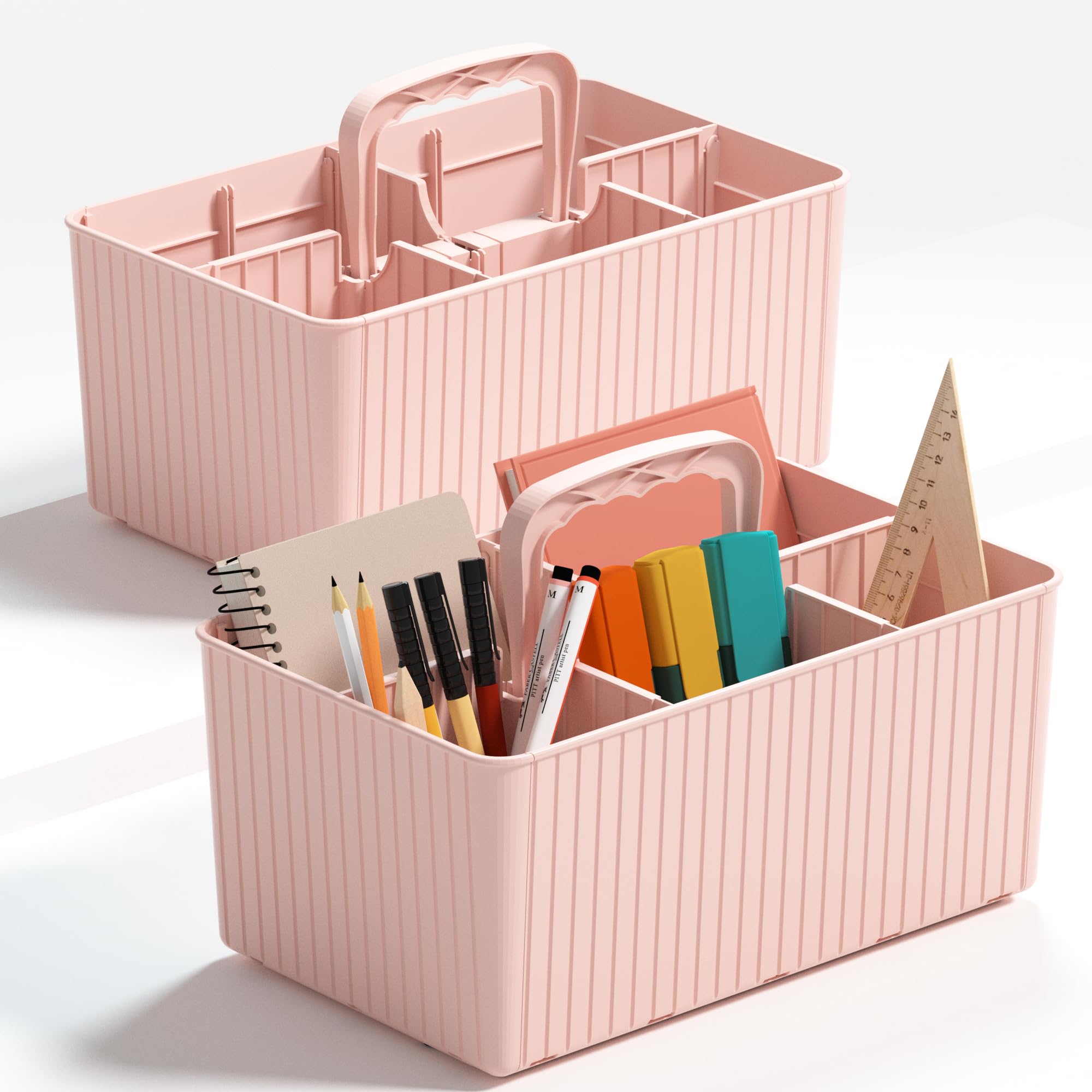2 Pack Plastic Caddy Desk Organizer Craft Organizers and Storage with Handle, DIY Divided Storage Tote Holder for Dorm, Makeup, Bathroom, Cleaning, Kitchen, Office, Desktop(Pink)