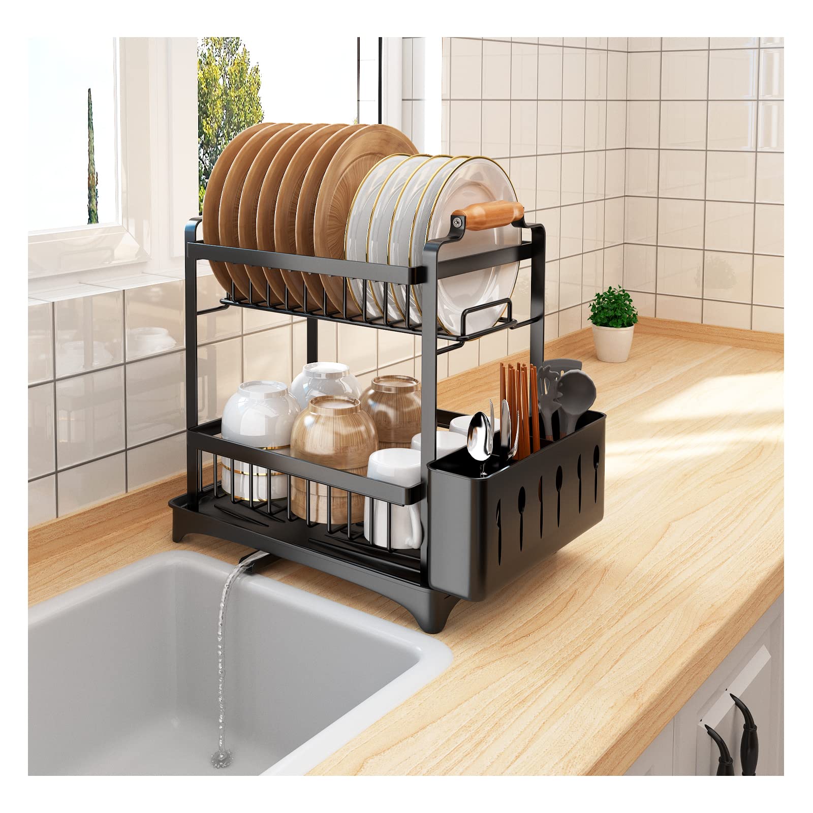 Dish Drying Rack with Drainboard Set 2 Tier Dish Rack Large Dish Drainers With Removable Cutting Board Holder Utensil Holder and Cup Holder Baking(Black）New