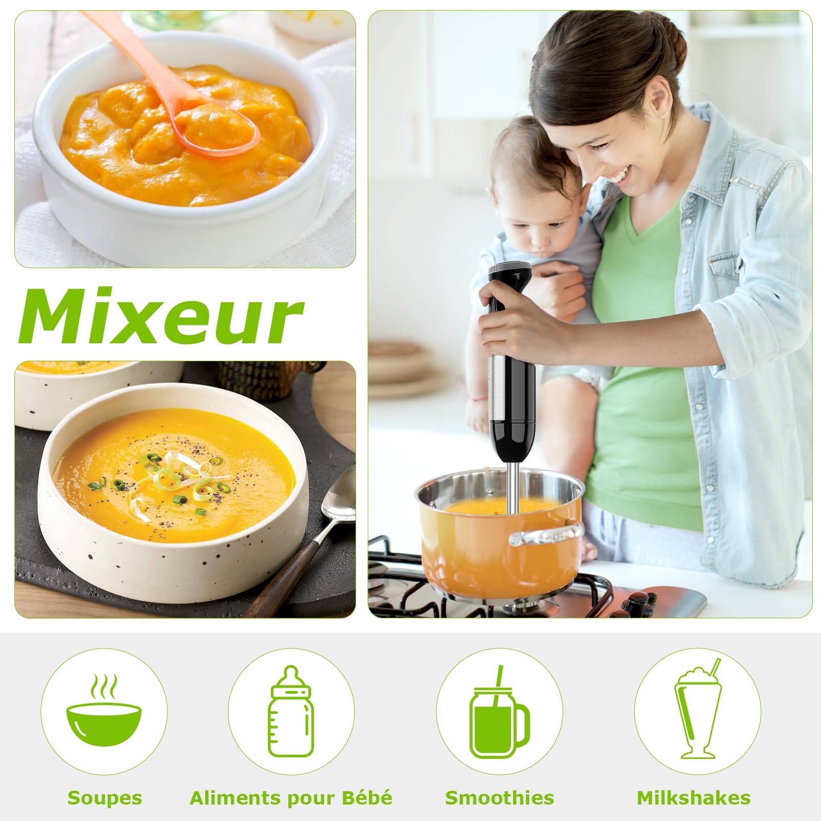 Bonsenkitchen Mixeur Plongeant, 4-en-1 Mixeur Plongeur Multifonction 1000W, 20 Vitesse Réglable, avec Fouet, Hachoir de 500ml et Verre Doseur 700 ml, Robot de Cuisine (HB3203)