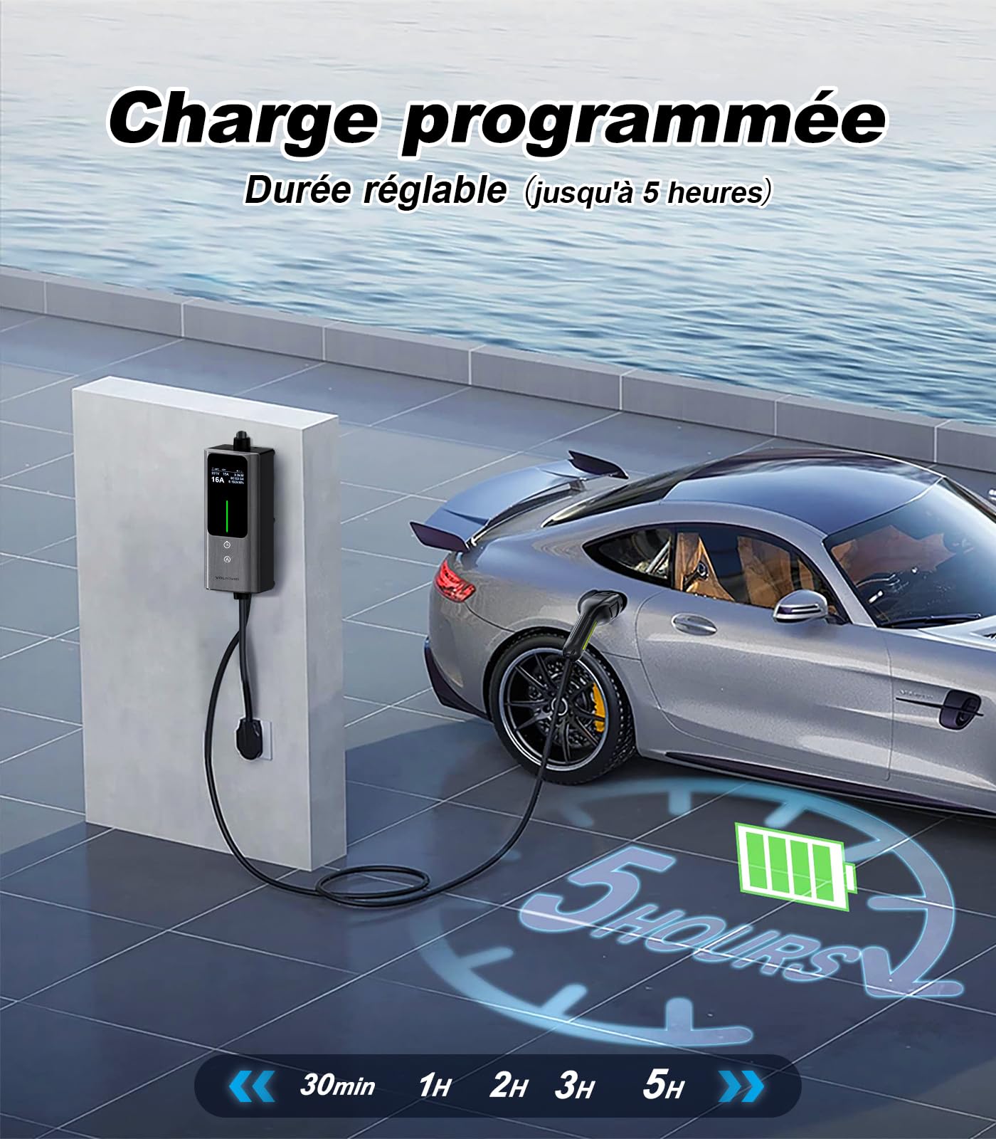 Chargeur Voiture Electrique, 3.6KW EV Chargeur Type 2, Courant réglable 6/8/10/13/16A, 5M Cable Recharge Véhicule Electrique avec EU Schuko, Borne de Recharge Monophasé IP65 (3.68KW-5M)