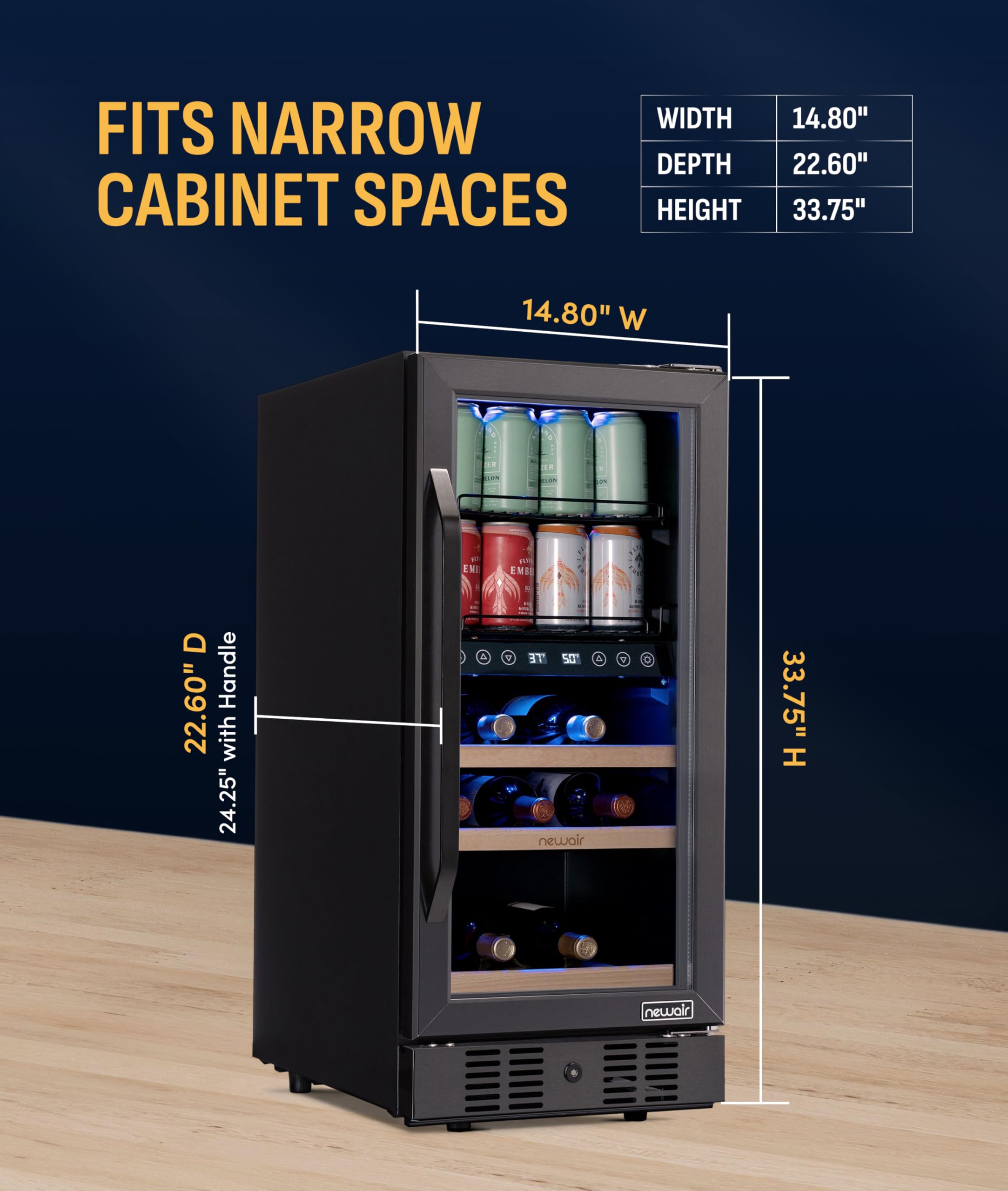 NewAir 15" Wine And Beverage Refrigerator 9 Bottle And 48 Can Capacity, Beverage Cooler In Stainless Steel, Built-In Or Freestanding Dual Zone Drink Fridge With Triple-Pane Glass Door on Fridge.com - View 4