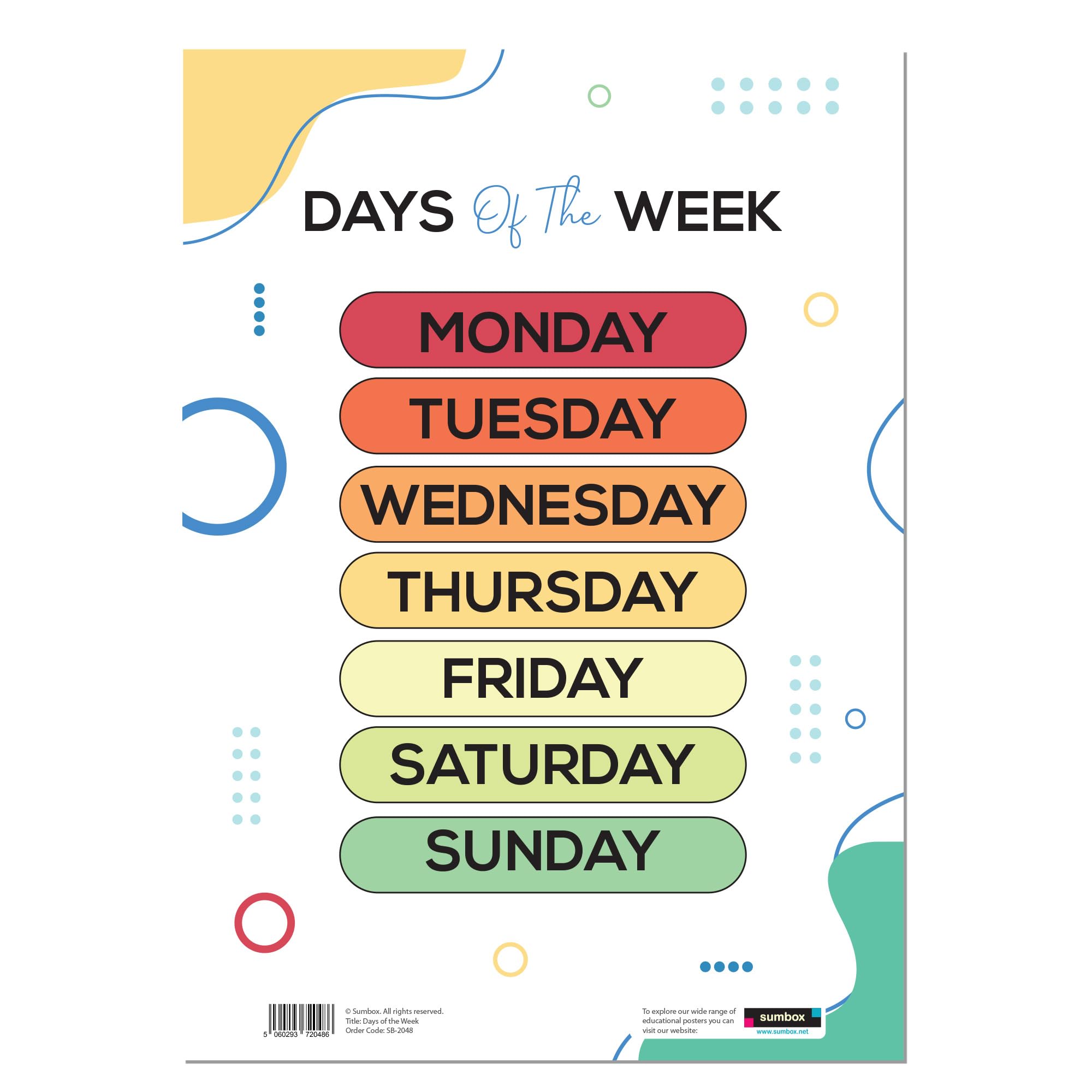 Sumbox Educational A3 Posters for Toddlers - Alphabet ABC, Numbers, Shapes & More - Kids Learning Posters for Children, Early Years Nursery Decor, Preschool Wall Charts (Days of The Week)