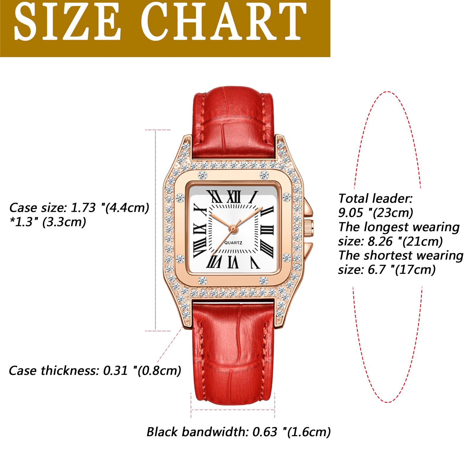 JewelryWe Zegarki damskie skórzane kwadratowe – 4 szt. elegancki błyszczący stras, analogowy zegarek kwarcowy, zegarek na rękę, luźny zegarek z kwadratowymi cyframi rzymskimi i skórzanym paskiem, 4