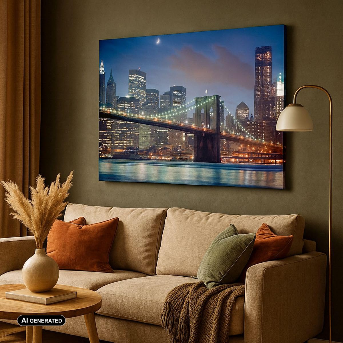 Cuadros Decoracion Salon Brooklyn puente noche nueva york ciudad Lienzos decorativos 120x80cm Cuadro Sobre Lienzo Moderno Dormitorio Cuadros Pared Imágenes Wall Art Prints Grande XXL AA120x80-0512