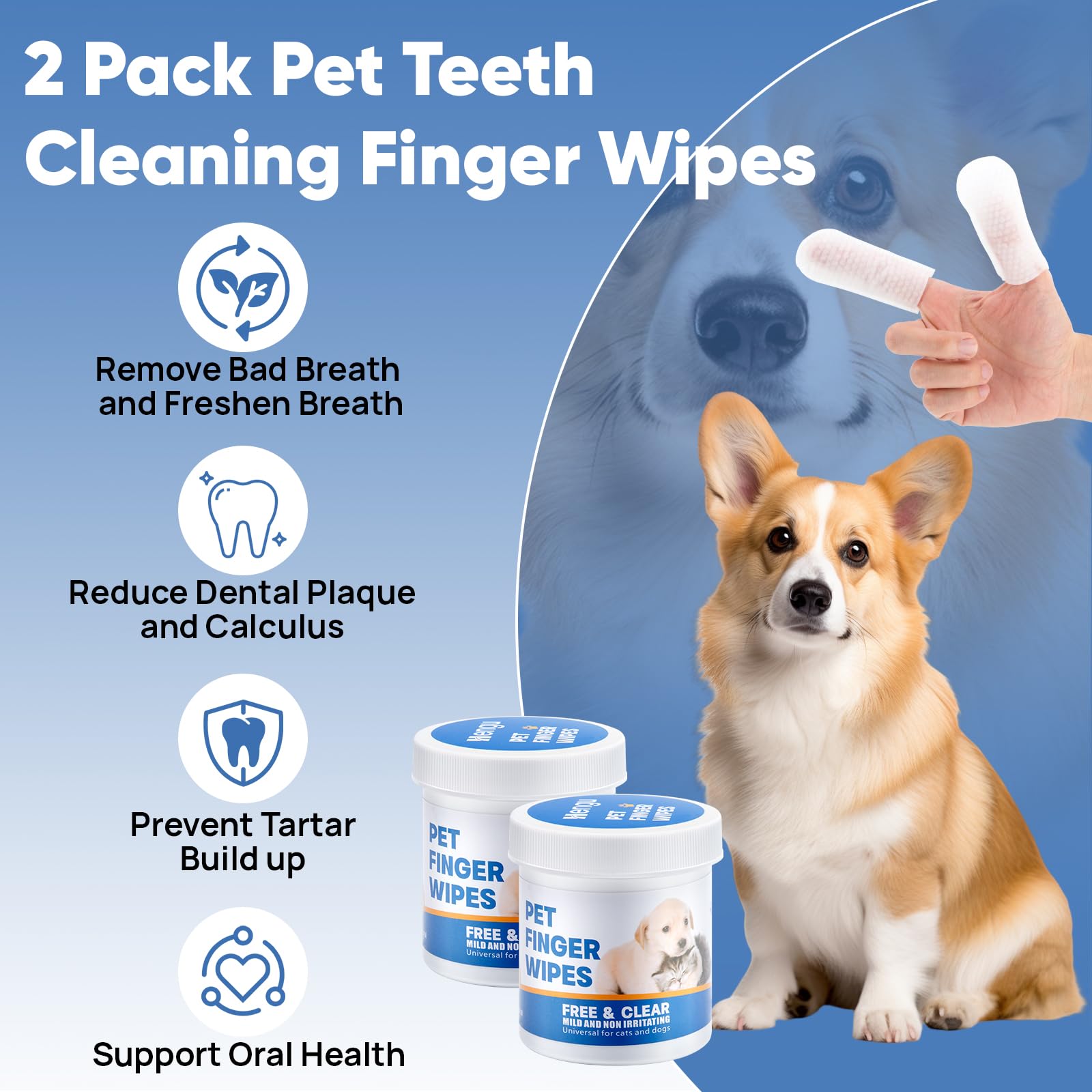 Hengu Pet Dental Finger Wipes for Dogs & Cats, 120 Count Dog Teeth Cleaning Dental Finger Wipes No-Rinse Cat & Dog Tooth Brushing Kit, Remove Plaque and Tartar & Freshens Breath (60 Count x2)
