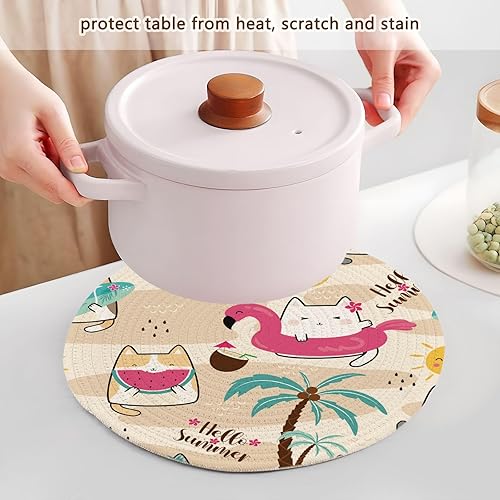 Miniatura 5 de 3 Pcs Trivet Mat Set Kawaii Summer Cute Cats Watermelon for Hot Pots and Pans 15in Cotton Thread Weave Heat Resistant Pot Mat for Bowl Protecting