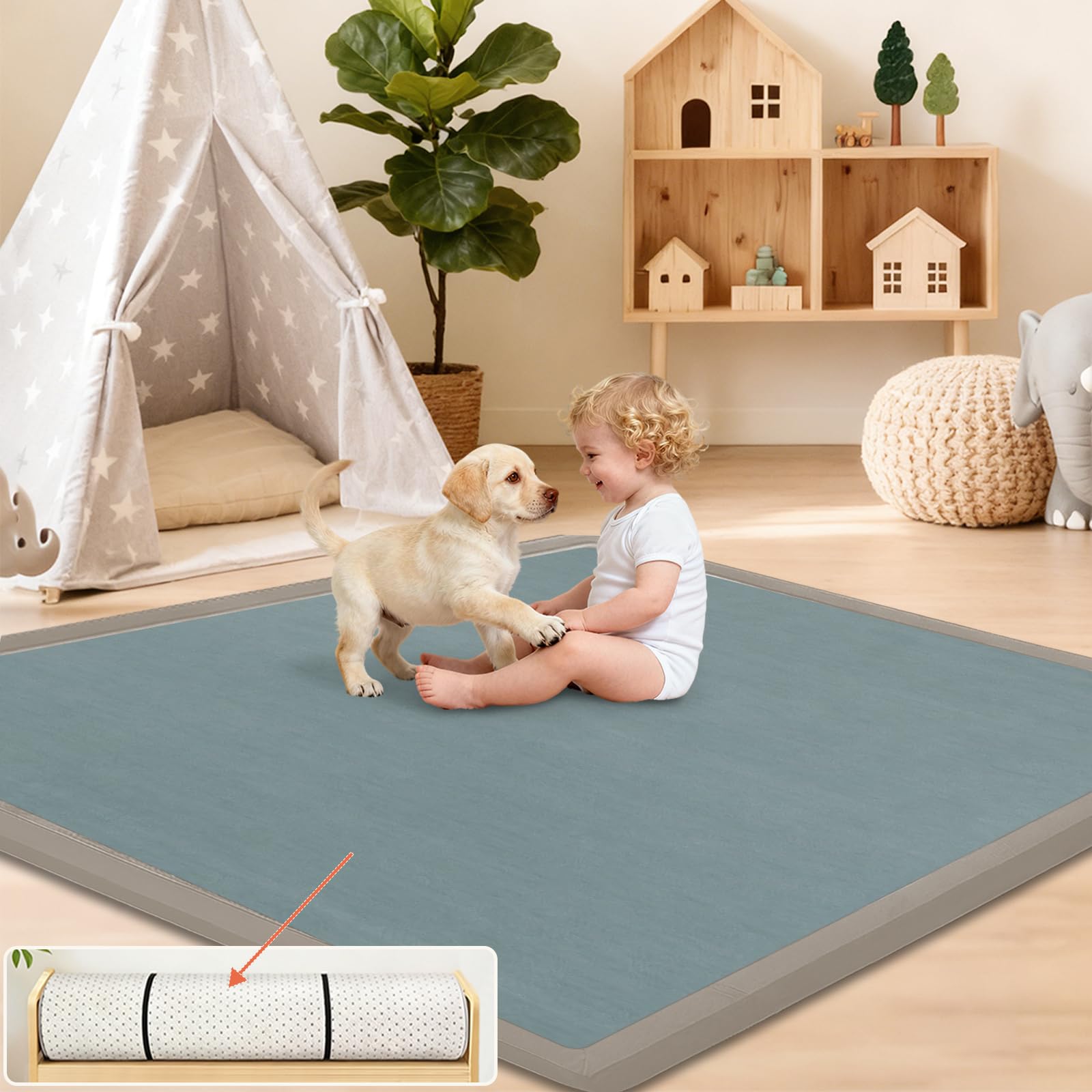 Tapis d'Éveil Antidérapant, 2 CM Épaisseur Tapis d’Éveil et Matelas pour Parc Bébé, Mousse Mémoire Haute Qualité pour Bébé et Enfant Tapis de Jeux, Cadeau bébé Bleu Gris 120 x 120cm