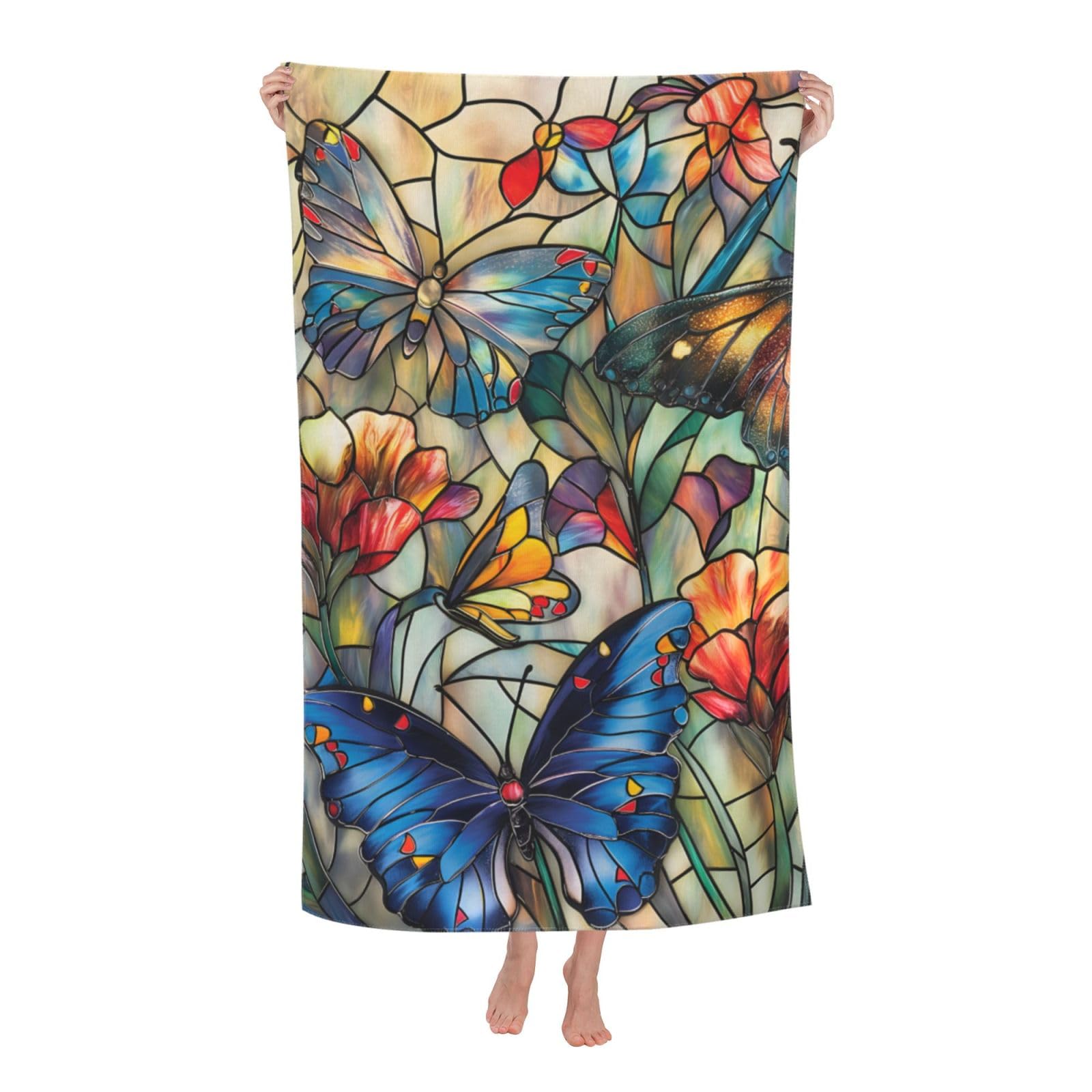 HLBSDM Stained Glass Butterfly Beach Towel 31inx51in Artistic Sand Free Microfiber Bath Towel Ultra Soft Quick Dry Pool Towel Absorbent Towel Lightweight Towel for Swimming Bathroom Decor