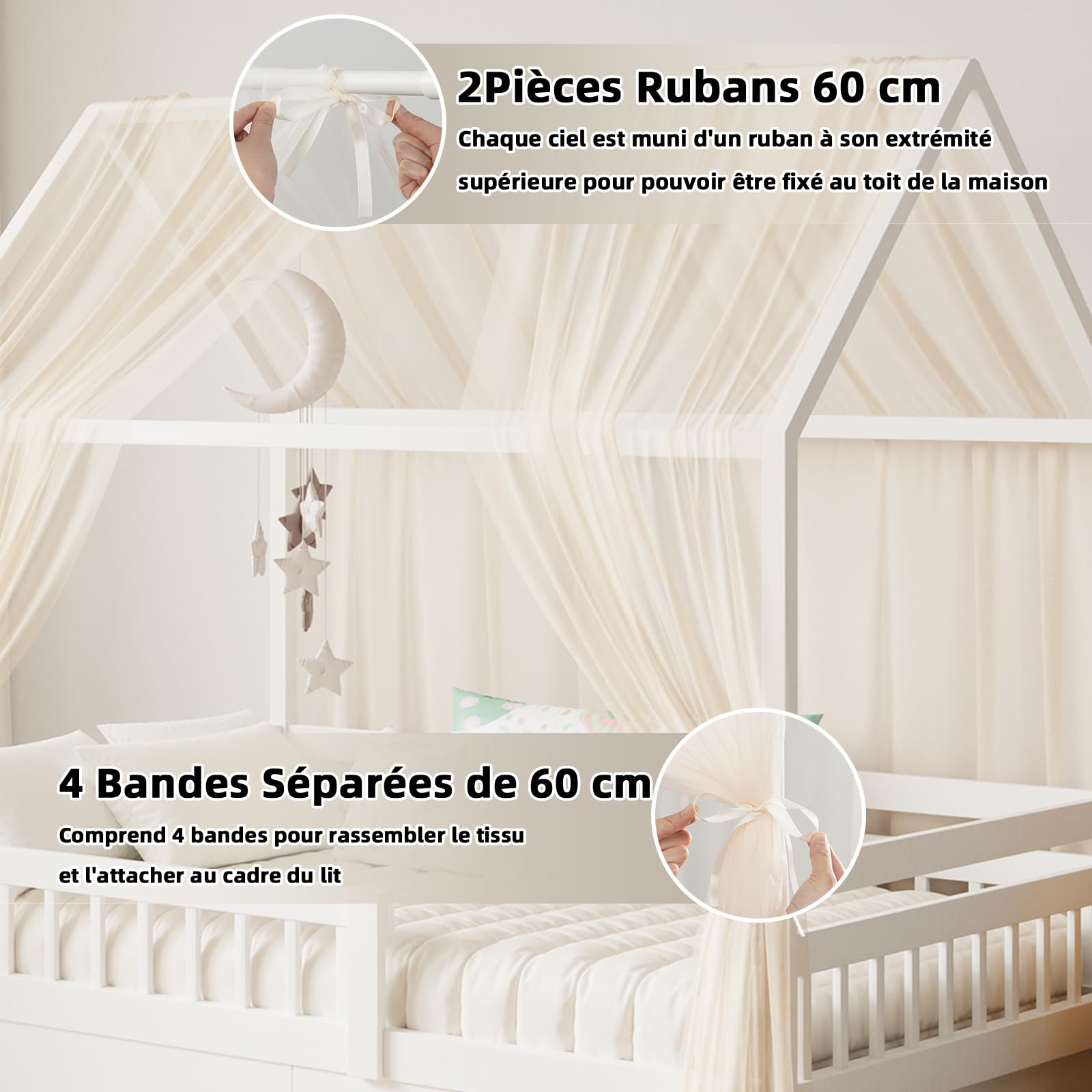 GFCC Ciel de Lit Cabane pour Maison Lot de 2 Pièces Décoration Voile Lit Cabane Beige pour Chambre d'enfant,Rideau Voilage 150x350cm pour Fille Garçon