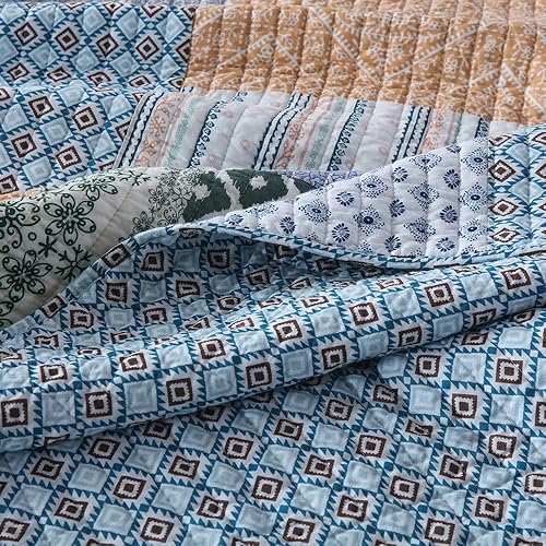 Miniatura 6 de Autumn Dream Juego de colcha de algodón reversible, juego de ropa de cama reversible, colcha de retazos florales vintage rojo y azul, tamaño King