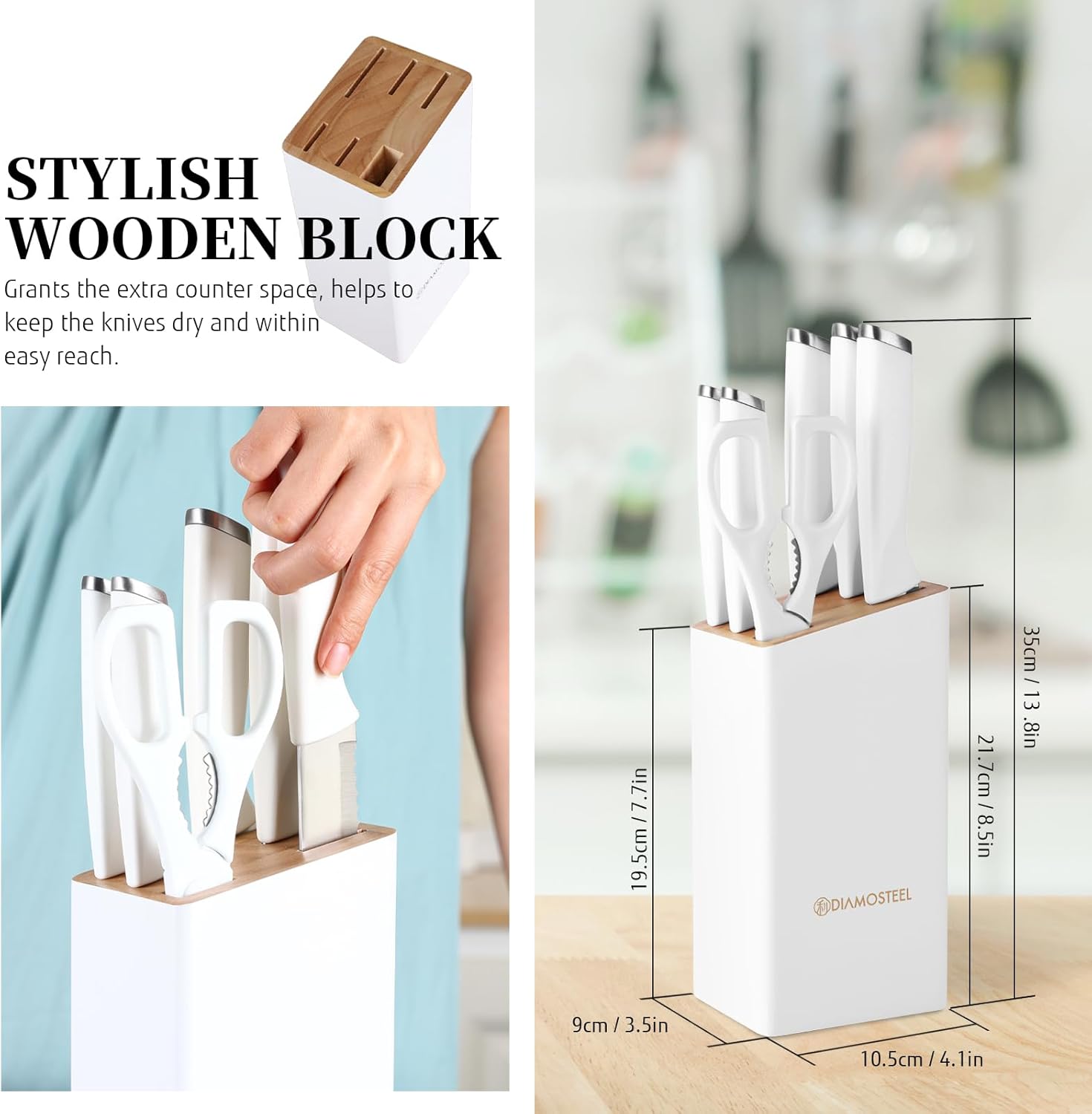 White Knife Set with Block, 7 Pieces Small Knife Block Set with Stainless Steel Blade Ergonomic Handle, Kitchen Knives Set Gifts for chef - Image 6
