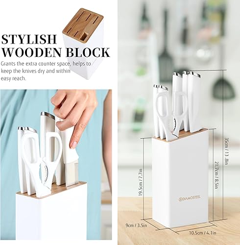 Miniatura 6 de Juego de cuchillos blancos con bloque, juego de 7 piezas de bloque de cuchillos pequeños con hoja de acero inoxidable mango ergonómico, juego de
