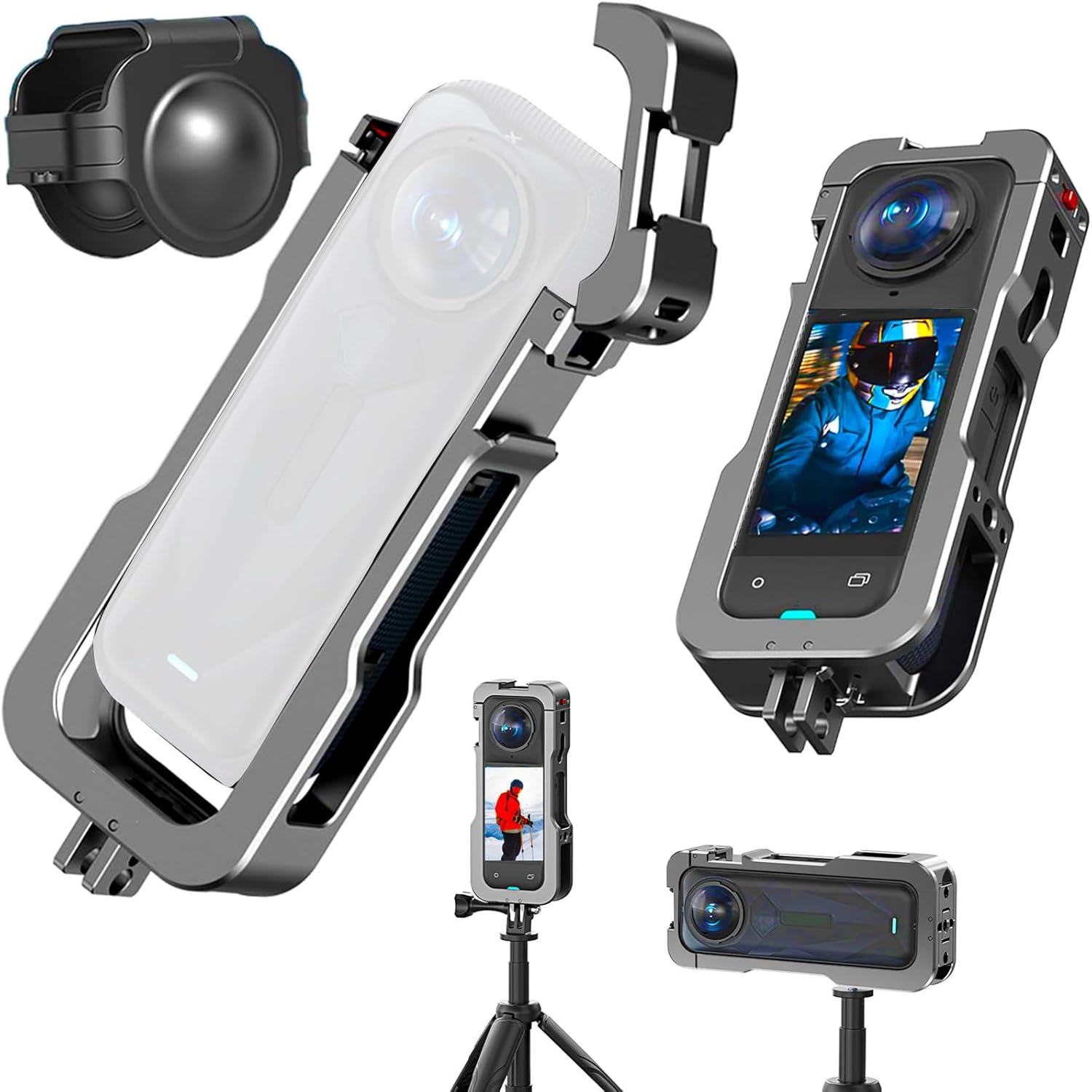 Metal Cage for Insta360 X5, Case for Insta 360 Accessories, Aluminum Alloy Camera Cage for Insta360x5 with Quick Release Safety Lock, Frame with Silicone Lens Cover Guard Cap