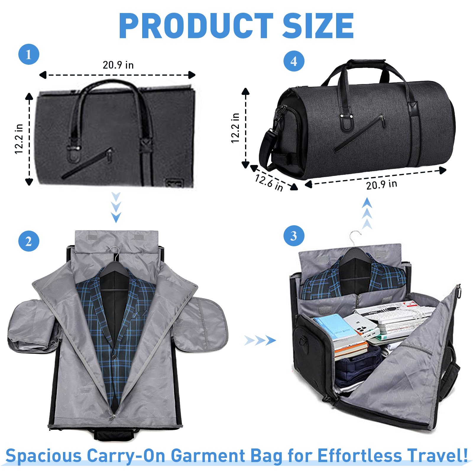 Garment Travel Duffle Bag Faltbare Handgepäck mit Schultergurt und Schuhfach, 2-in-1 Hängekoffer für Geschäftsreisen, Schwarz