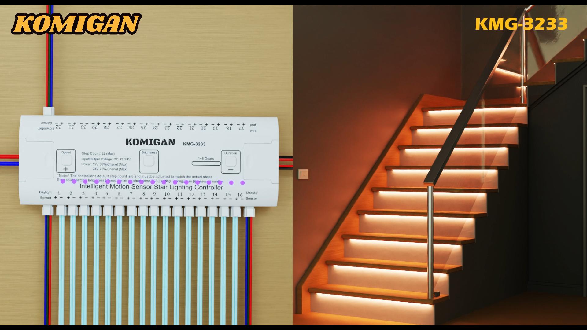 Image of KMG-3233 Motion-Activated LED Stair Lighting Kit with Wall Switch, 42 inch Long Cuttable LED Strip Light for Indoor LED Stair Lights (Warm White 3000K, 20 Stairs)