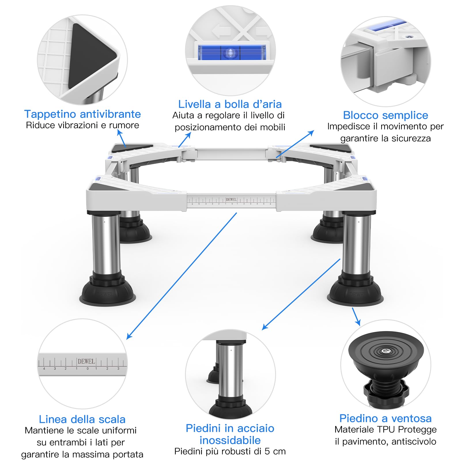 DEWEL Base per lavatrice regolabile, Telaio base per lavatrice per frigorifero, asciugatrice e congelatore, Carico massimo 300 kg, Regolabile 43-62 cm, 15-18 cm, Bianco | Base regolabile per lavatrice per asciugatrice e congelatore, carico 300 kg, larghez