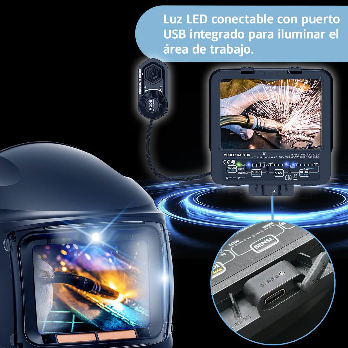 STAHLWERK Casco de Soldadura automático 3 en 1 Raptor – True Colour, luz LED, oscurecimiento automático DIN 4-13, Clase óptica 1/1/1/2, Campo Visual 116 x 81 mm, Pantalla de Soldadura, máscara