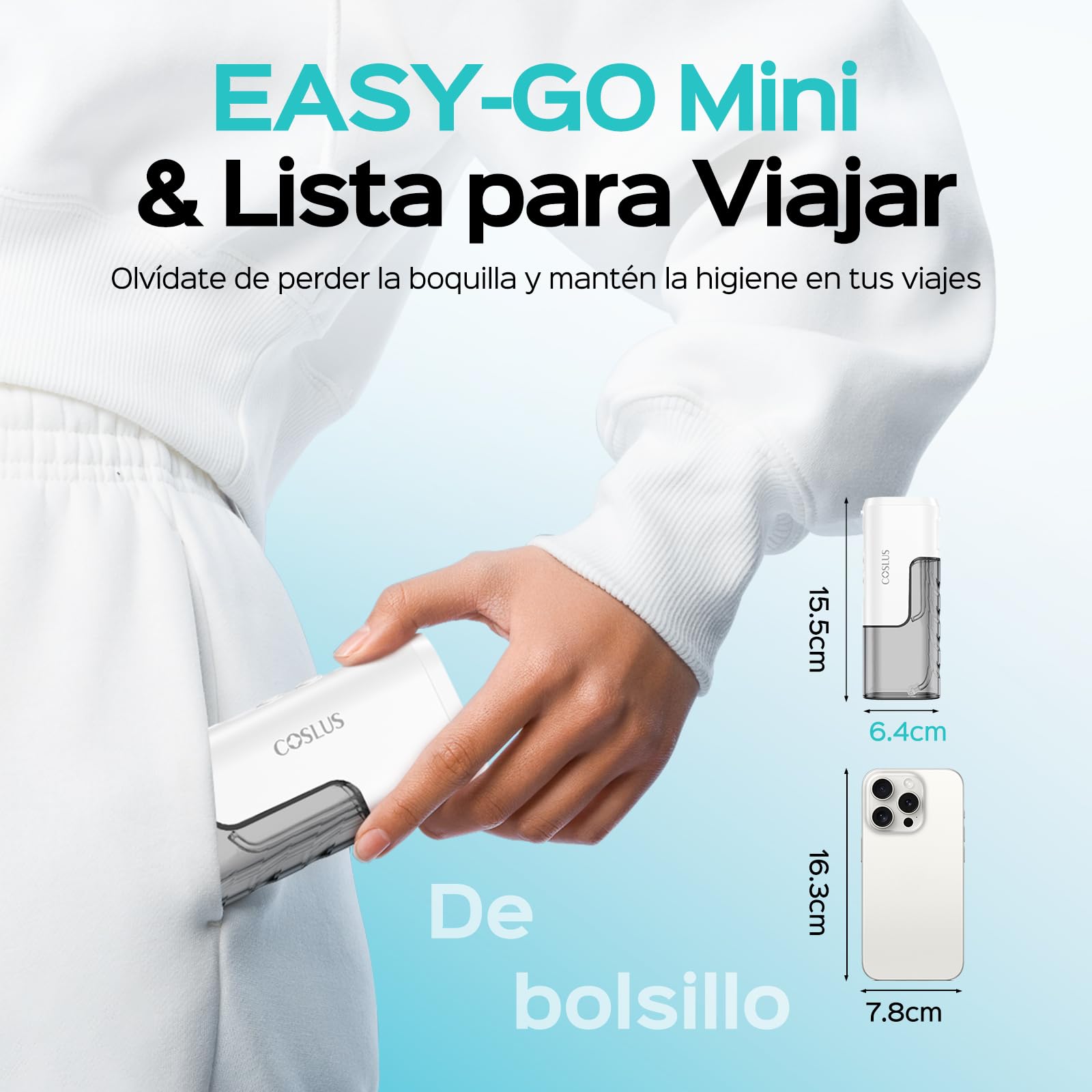 COSLUS T40 Irrigador Dental Portatil Bucal Mini: Diseño Compacto e Inalámbrico, 4 Modos, Depósito Extraíble, IPX7 Impermeable para Ortodoncia, Dientes Sensibles, Uso en Movimiento,Blanco Brillante