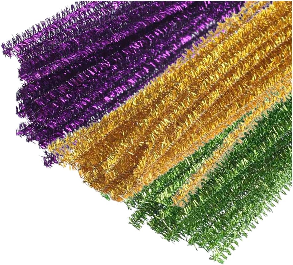 Pack of 300 Gold Purple and Green Metallic Tinsel Pipe Cleaners. Fuzzy Stick Tinsel Stems Mardi Gras Arts and Crafts Shapes, Flowers, Animals, Figures and Mardi Gras Crafts (Size: 12" L x 6 mm Dia)