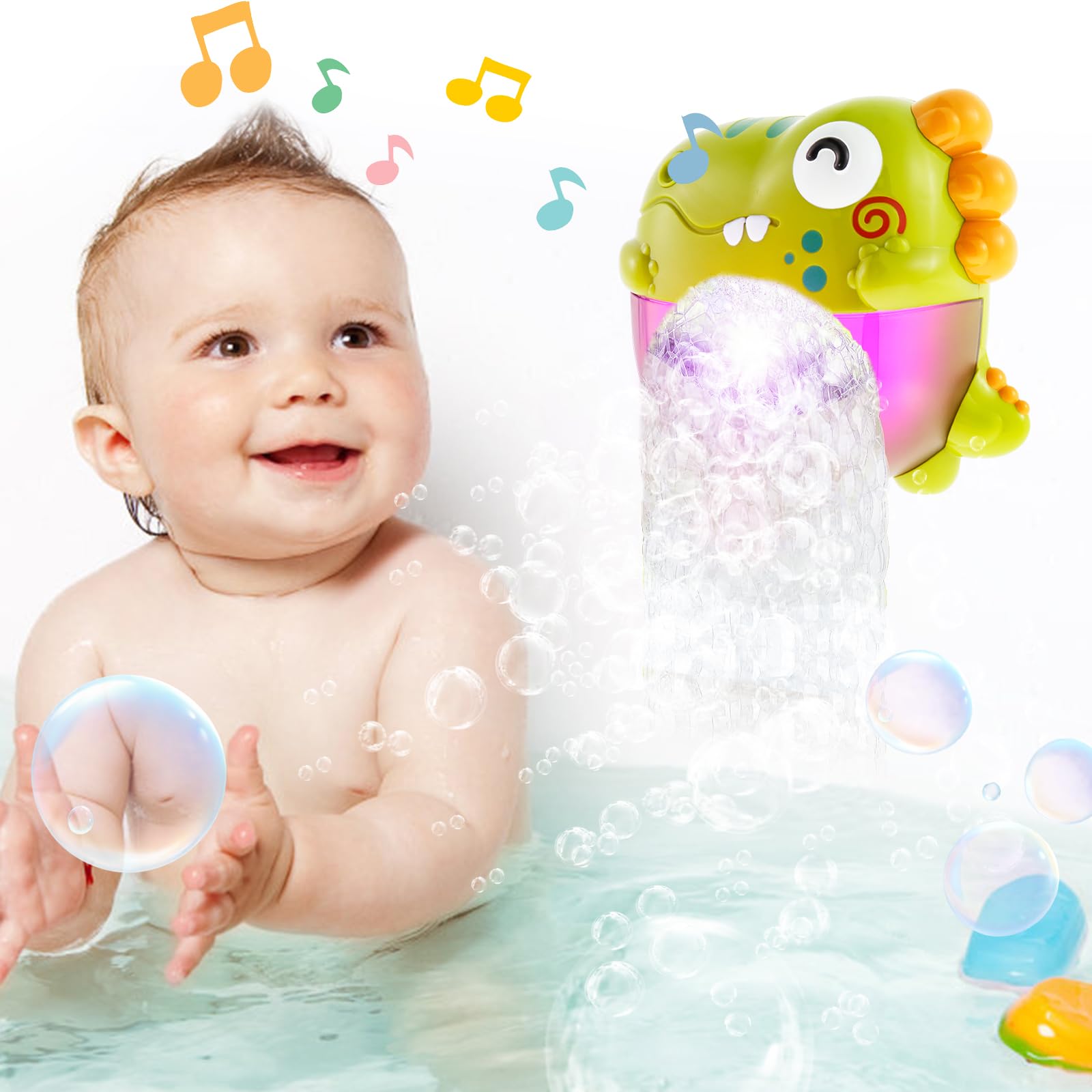 Harupink Bañera de juguete a partir de 1, 2, 3, 4, 5 años, máquina de espuma, bañera con música y LED, juguete de baño con burbujas de dinosaurios luminosos para niños pequeños, juguetes de bañera
