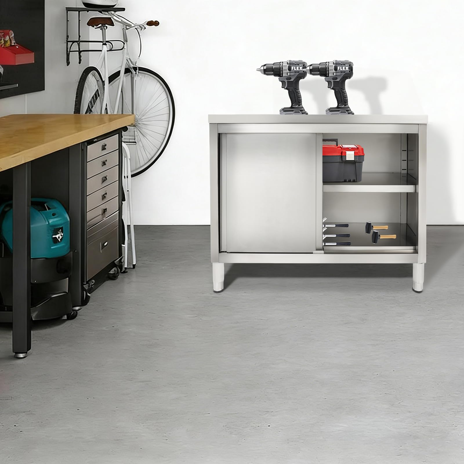 Tavolo da lavoro con ante scorrevoli, in acciaio inox, 100 x 50 x 86 cm, altezza regolabile 5-20 cm, armadio in acciaio inox, elevata capacità di carico, doppio uso