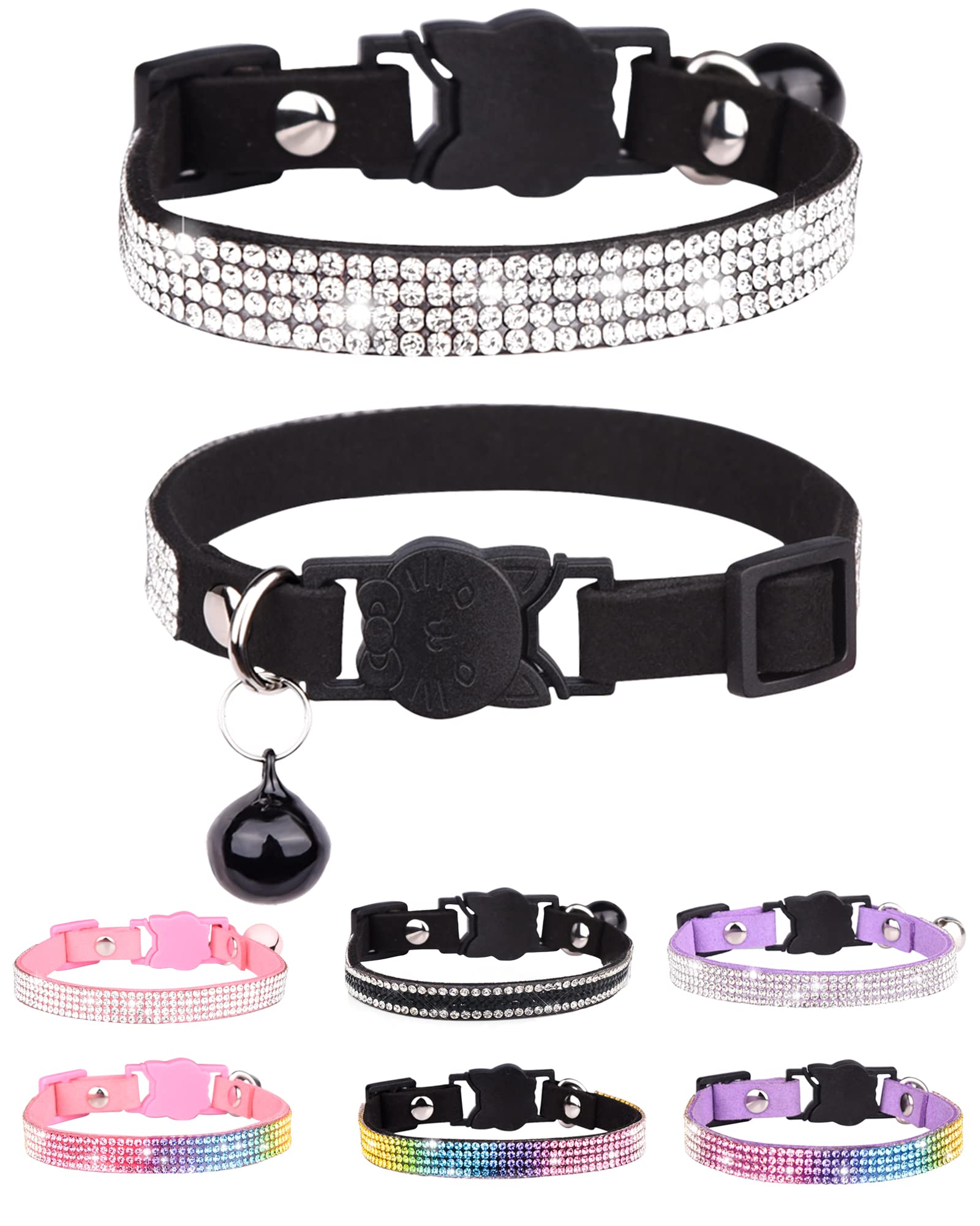 Aecllcea Cat Collars for Girl Cats with Rhinestone Soft Velvet,Breakaway Cat Collars with Bell,Adjustable Safe Kitten Collar (Black)