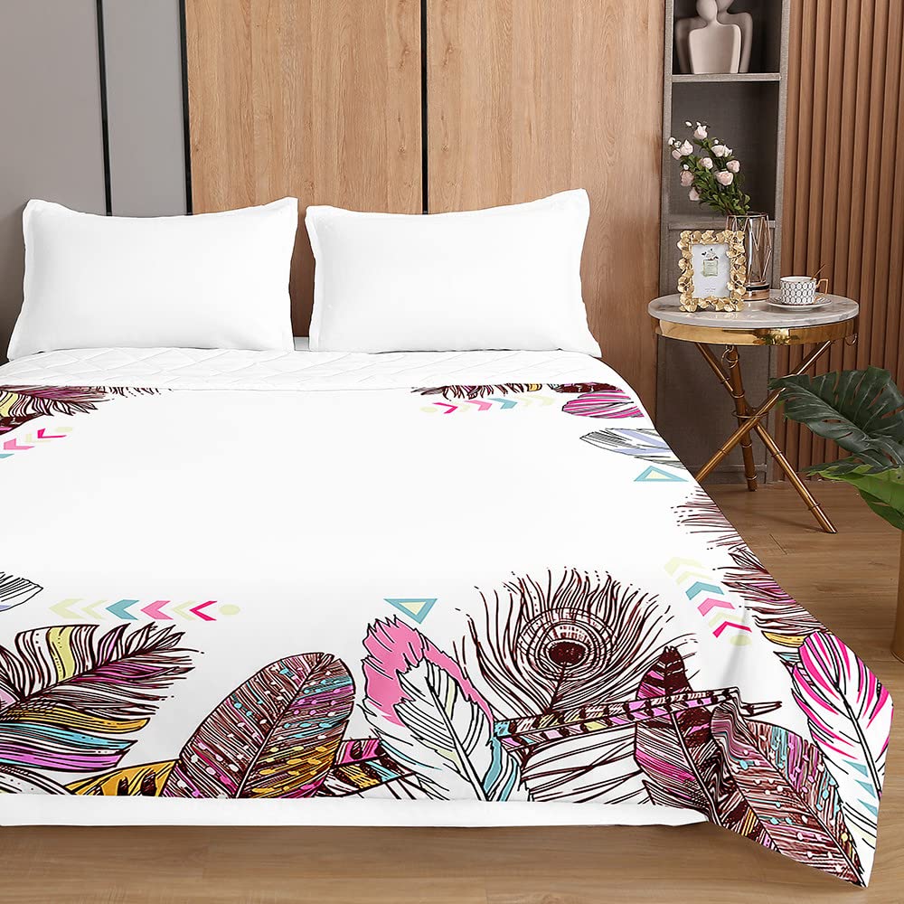 Surwin Copriletto Trapuntato Stampa di Piuma Boho Esotica per Primavera e Estate Copriletto Singolo Matrimoniale Trapunta in Microfibra Leggero Lavabile in Lavatrice (230x260cm,Rosa)