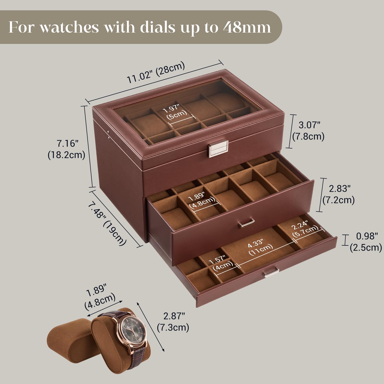 ProCase Boite a Montre Homme à 20 Emplacements, Coffret Montre en PU Cuir à 3 Niveaux, Range avec Tiroir -Marron