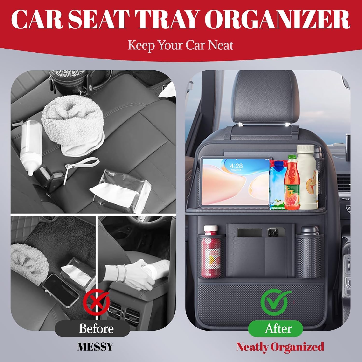 Generisch Auto Rücksitz Organizer Kinder mit Klapptisch, Autositz Organizer Rückenlehnenschutz Wasserdicht, Sitzschutz Auto Rücksitz, Tablet Halter Aufbewahrungstasche mit 9 Fächern, 42×61 cm