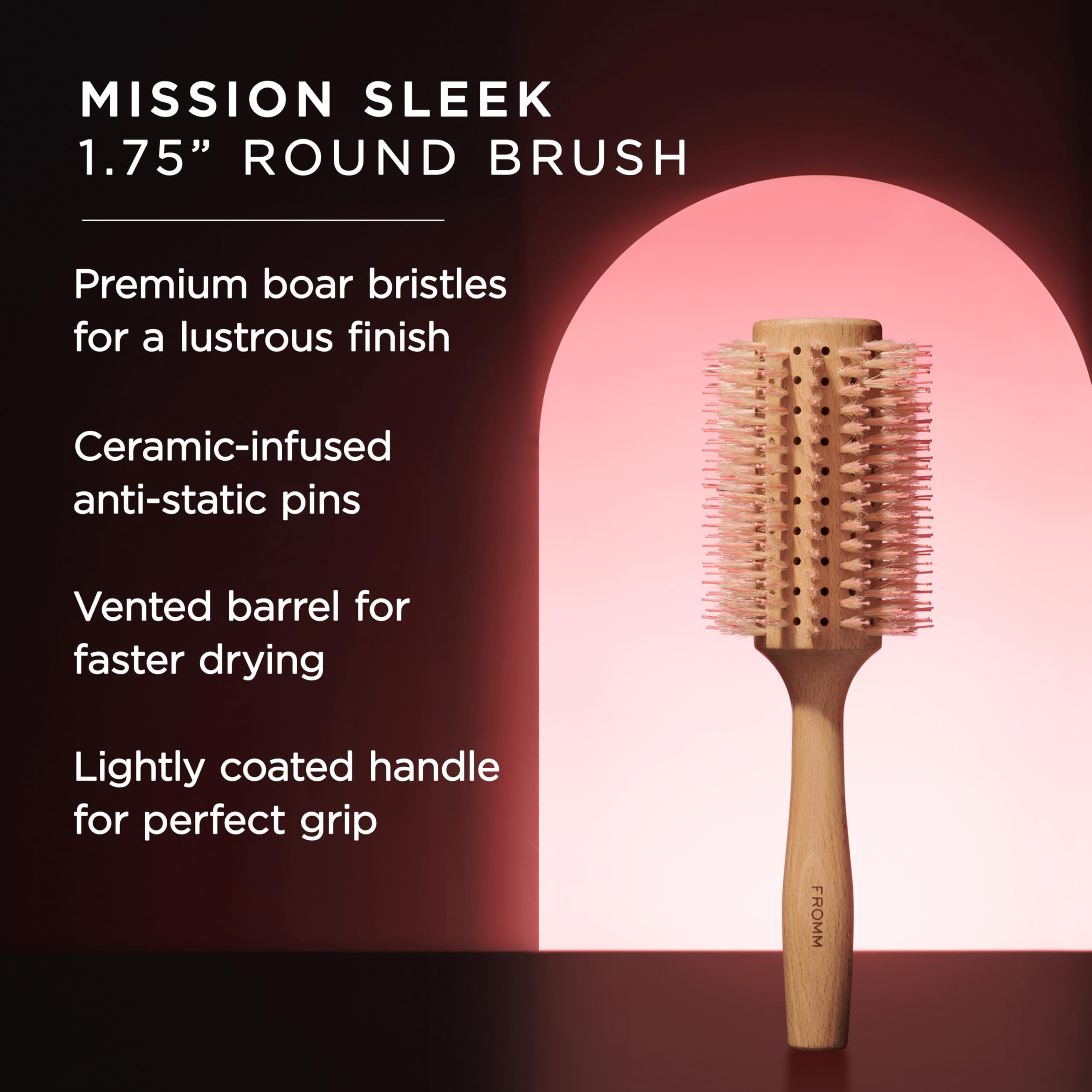 Fromm Mission Sleek - Cepillo de jabalí redondo ventilado para soplados suaves y brillantes incluso en cabello propenso al encrespamiento, cepillo de pelo con jabalí natural para peinar, alisar,