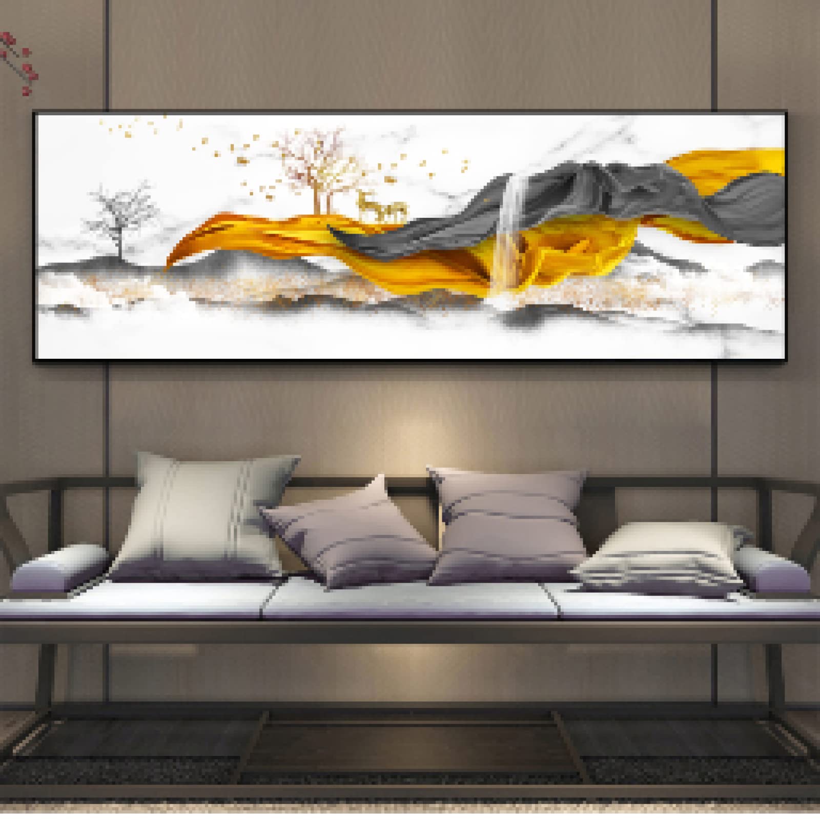 Toile cerf paysage abstrait gris et doré 70x210cm sans cadre pour grand mur de salon - 8